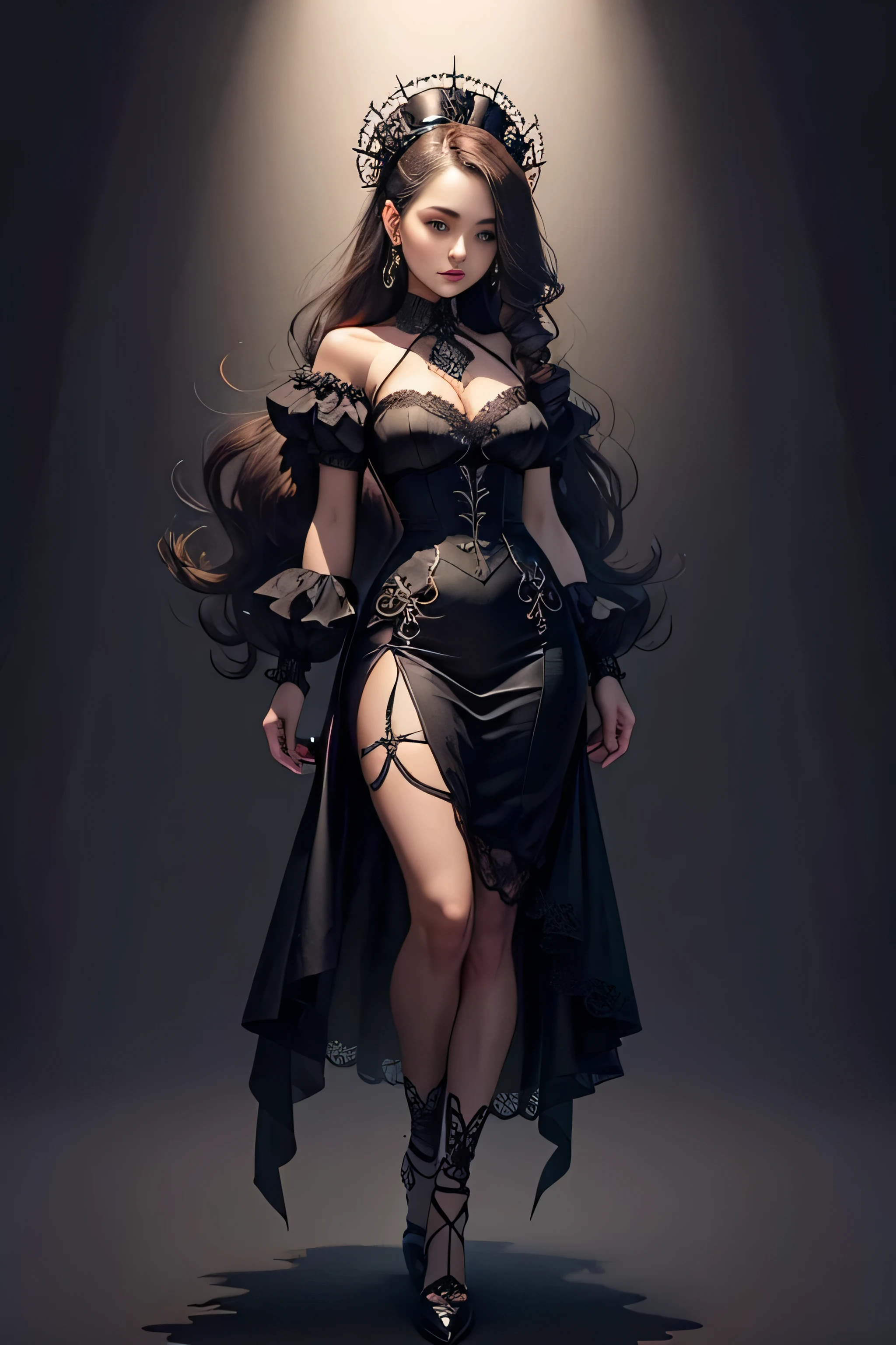 Create an extravagant full-body portrayal of a woman in Gothic style, emphasizing the "woman" theme. The design should feature Gothic elements such as lace, ribbons, and Victorian details, showcasing an elegant and intricate style. Utilize a color palette of black, white, and pastel tones to capture the unique Gothic aesthetic. The design must be eye-catching, with the woman centered in the image against a white background. She should fit well within the space, ensuring she does not touch the edges of the canvas. No text should be included in the image.