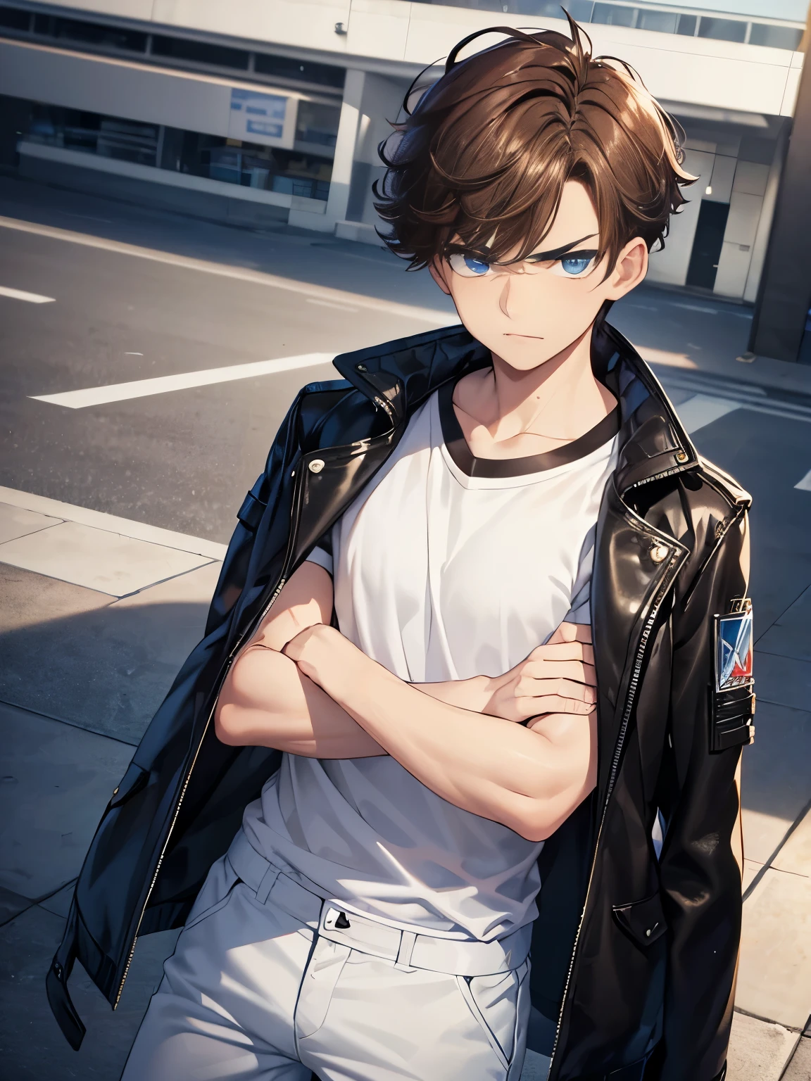 1boy,guy,standing,Angry expression, arms crossed,blue eyes,half body photo,18 years old,Curly hair,medium hair,undercut hairstyle,light brown hair,black jacket,Leather jacket,white t-shirt,white trousers,morning,ultra detail,masterpiece