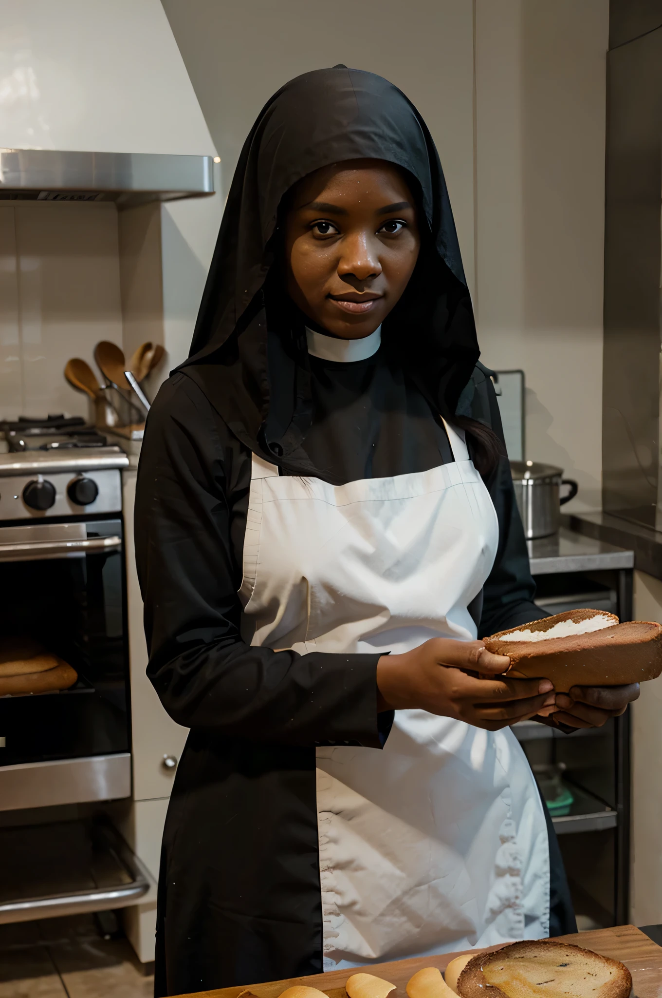 A black nun baking bread