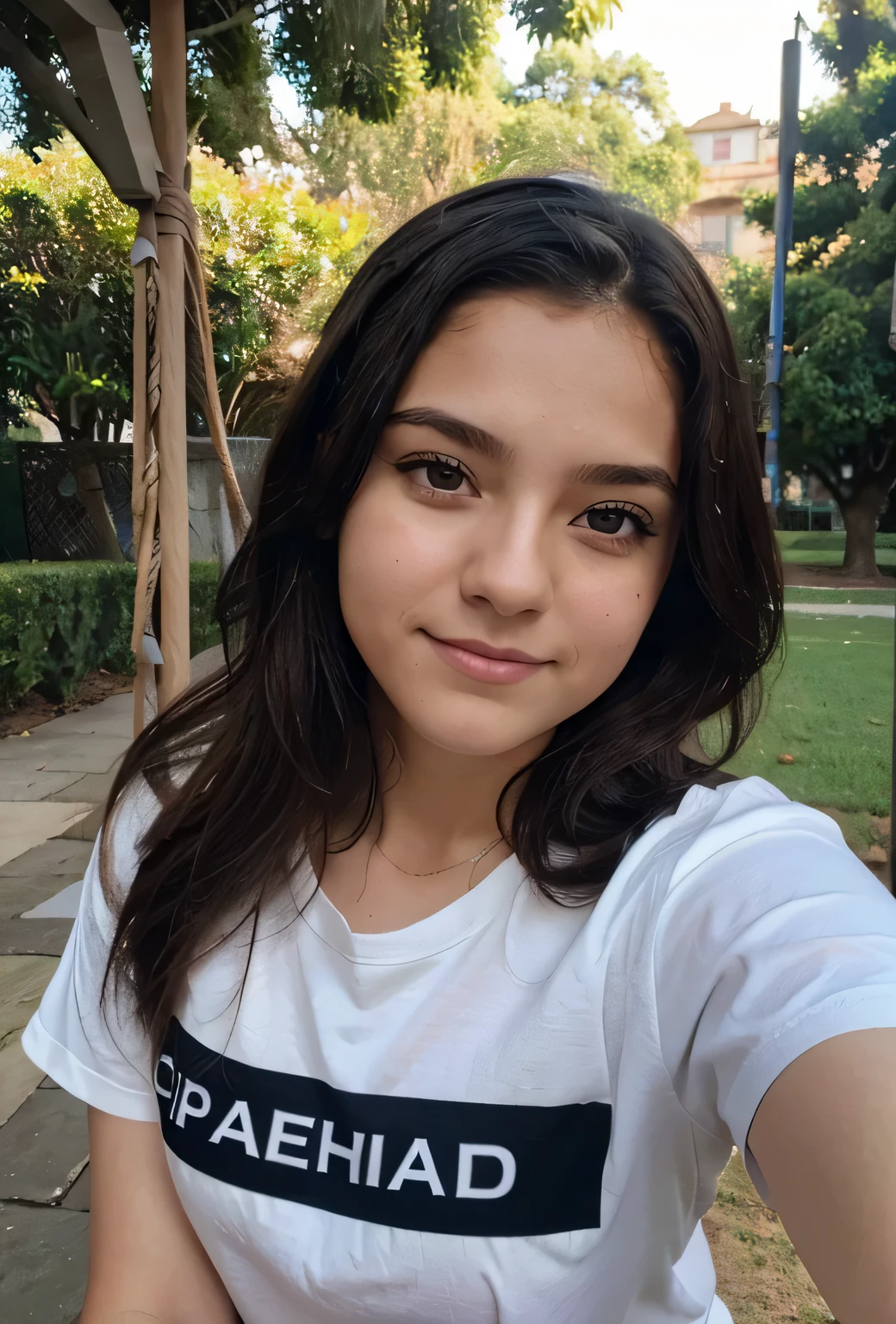 there is a 14 year old girl taking a selfie she is sitting on a swing in the park, lindo rosto, selfie de uma jovem, bonita, garota atraente, jovem com longos cabelos escuros, rosto extremamente lindo, linda jovem, Imagem bonita, black hair and medium eyes, uma linda adolescente,  com cabelo castanho escuro, mulher com longos cabelos pretos, linda  de 14 anos.