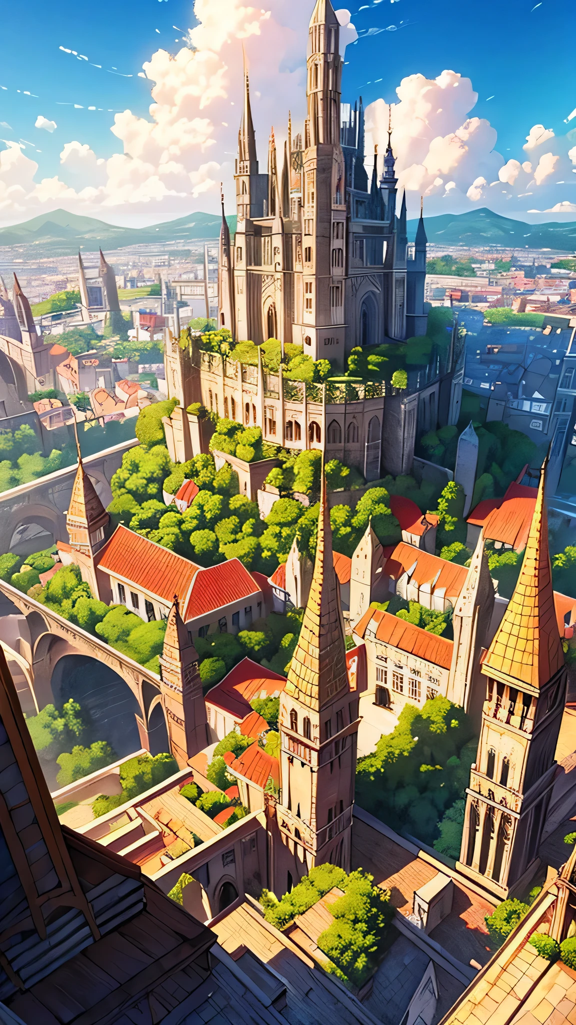 Aerial view of a sprawling medieval fantasy cityscape with majestic palaces, bustling markets, intricate buildings, and charming houses set against a backdrop of fluffy clouds and a clear blue sky. Vertical orientation, detailed illustration, high stylization. a traveler looks at the city from the top of the hill