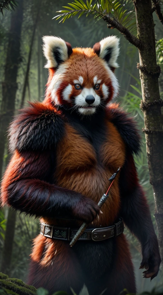 RAW image, Epic scene, ((portrait)), award-winning photo portrait of a werecreature weremale red panda, wearing a black and silver armor, with gigant spear in the hands, rainforest background, hyperdetailed, (artstation:1.5), cinematic, warm lights,, epic realistic, award winning illustration, (film grain: 1.4),