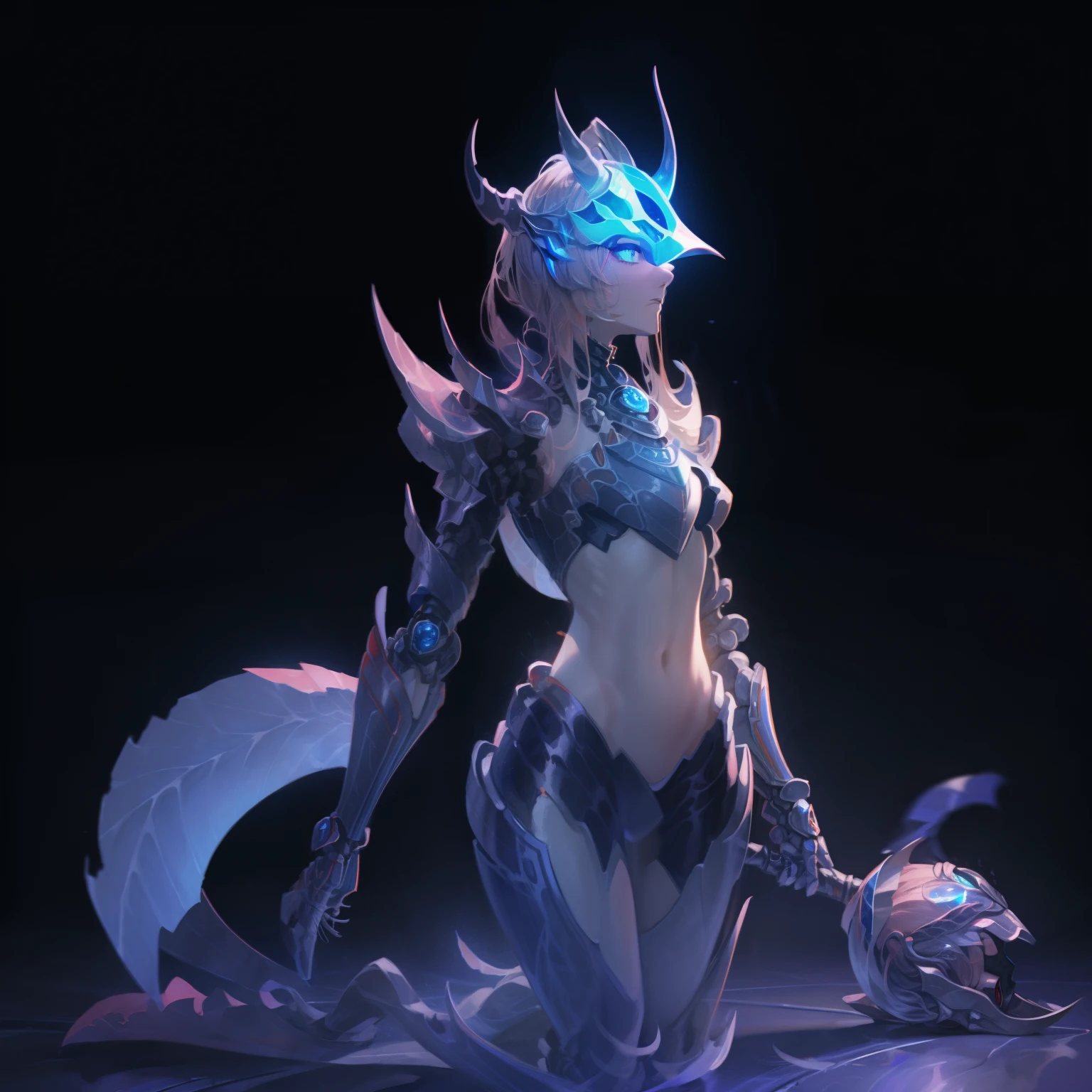 (masterpiece:1.2), best quality, High resolution, unified 8k wallpaper, (illustration:1.0), Beautiful detailed, Very detailed, perfect lighting, Very detailed CG,luminescent eyes,backlight, , armor, Forged_horn, luminescent, full_armor,War Armor,humanoid_,horn,helmet,mask,sample_background,arms, monster, blue_armor,, looking at the audience,alone,view,
