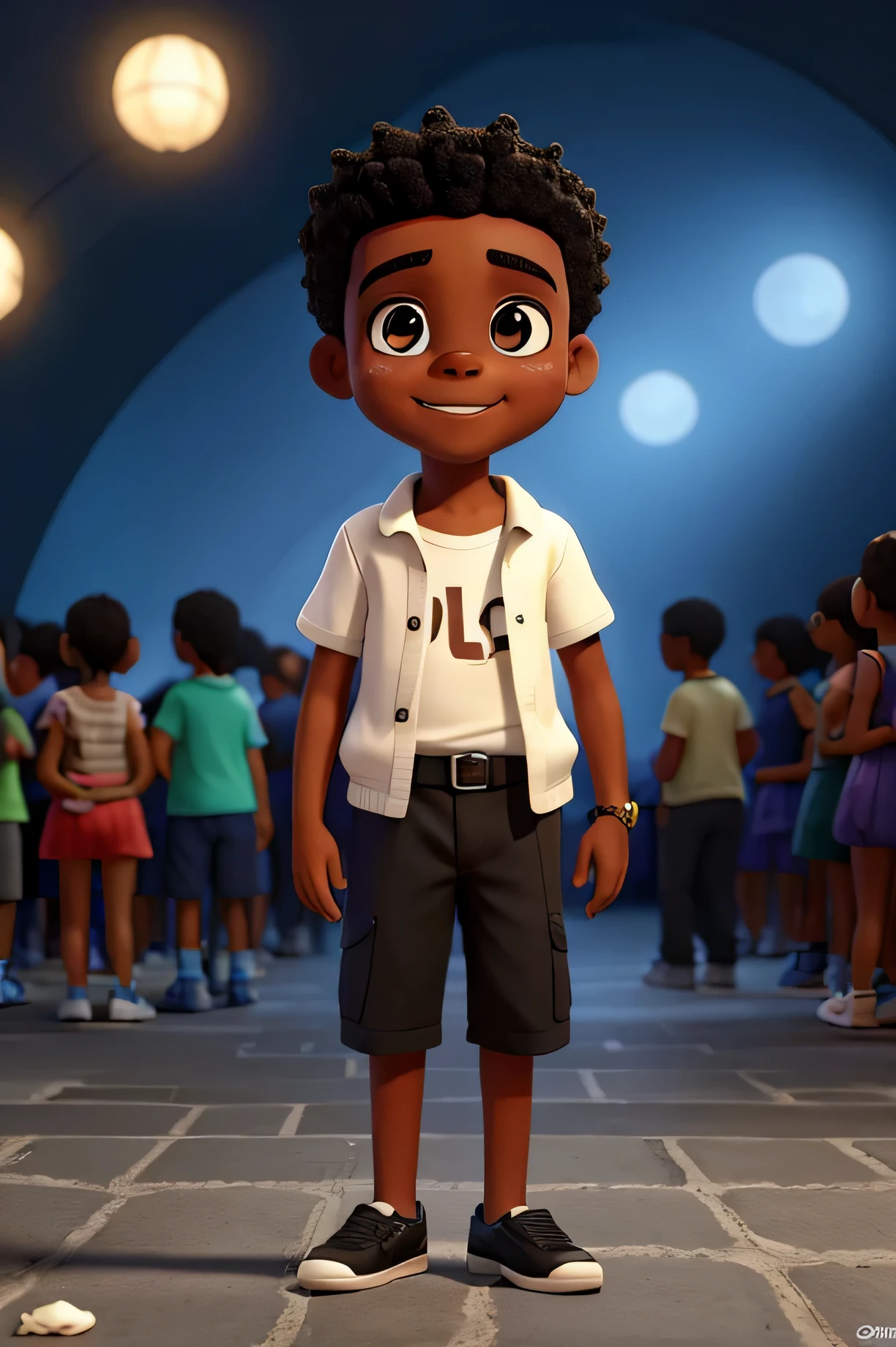 menino negro, 12 anos, feliz, olhos grandes, em uma festa, com amigos