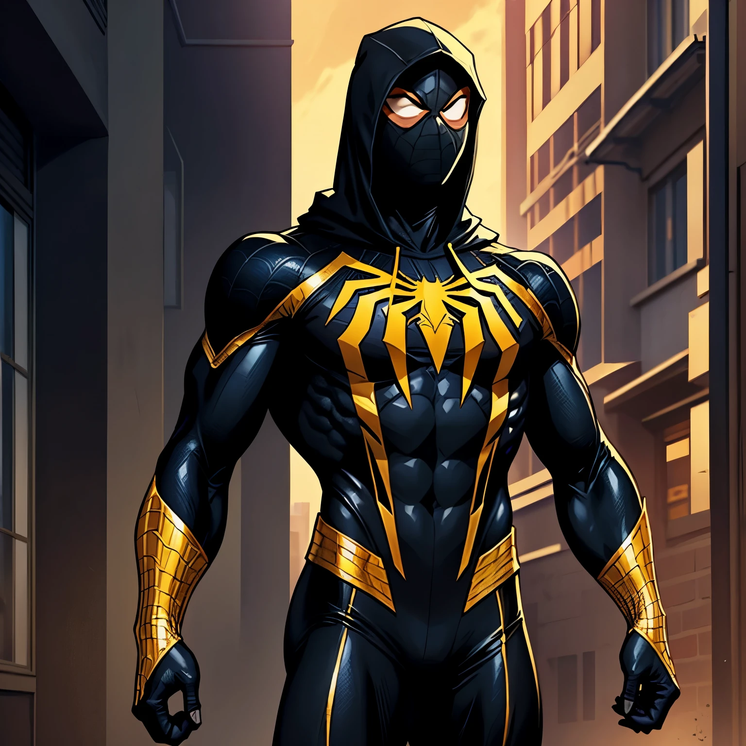Young adult man, lean body build, standing proud, wearing a black and gold hero costume inspired by spider-man with a hood over the mask
