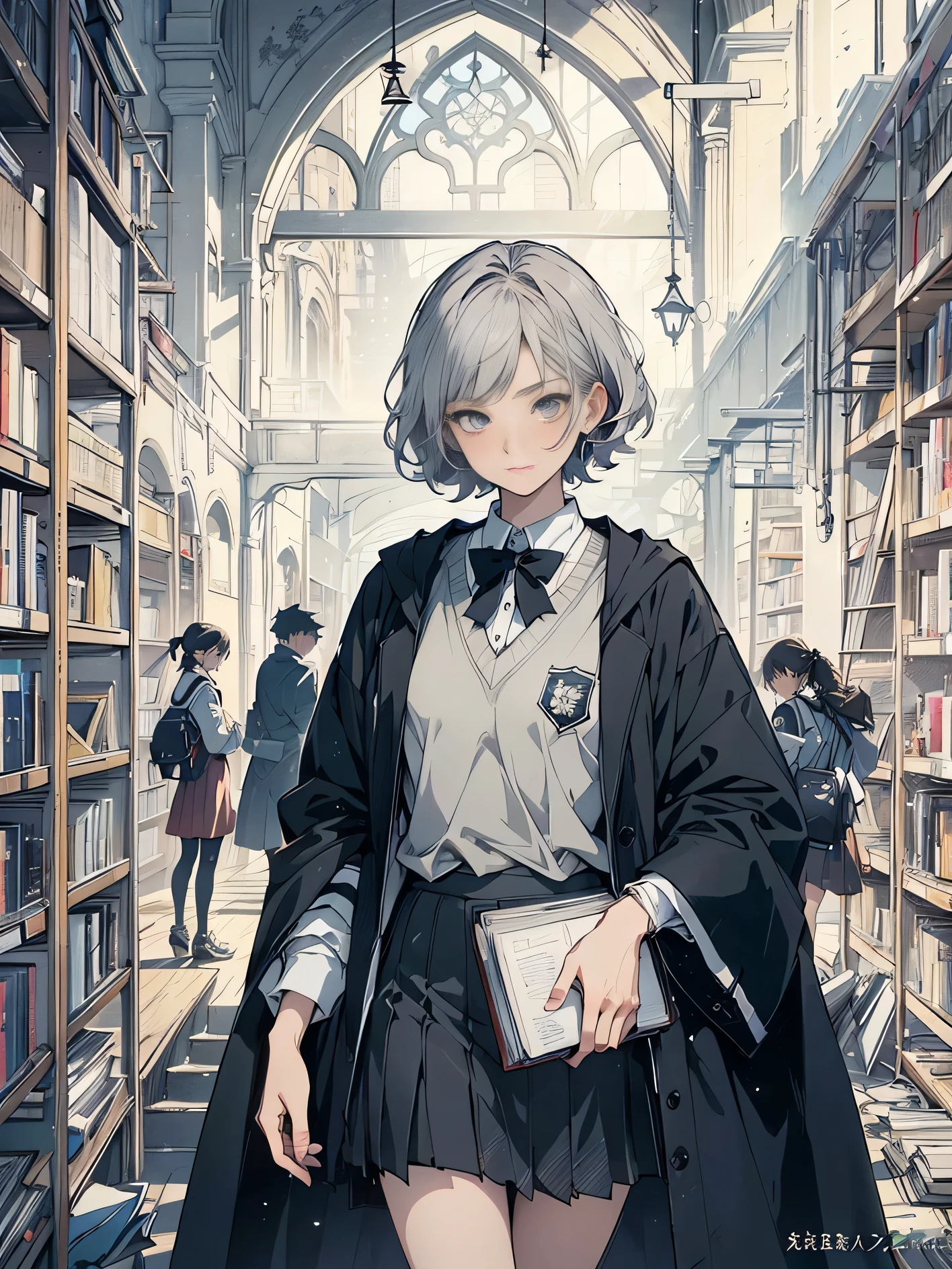 a woman in a library with books and a book case, dark academia, dark academia aesthetics, light novel cover art, from cryptid academia, dark academia aesthetic, anime visual of a cute girl, anime cover, magical school student uniform, beautiful anime high school girl, infinite celestial library, clean detailed anime art, library background, epic light novel cover art