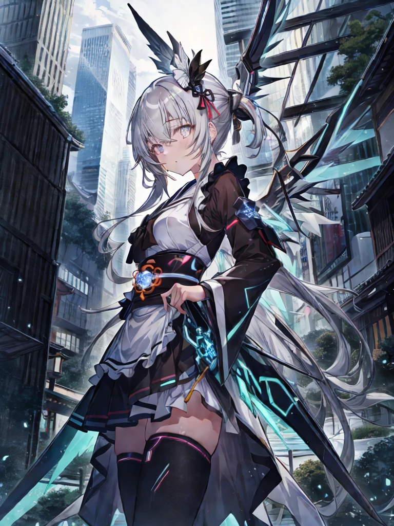 highest quality、very詳細な、masterpiece、Super detailed、enlightenment、((1 girl))、silver hair、hair length、floating hair、、cyber city、neon building、(Upper body:1.05)、very_get used to it_eye_and_face,Cybernetic Wings、random posture、Skyscraper、、Mechumusume、shrine maiden costume,Maid clothes、random angle、anime style,cowboy shot