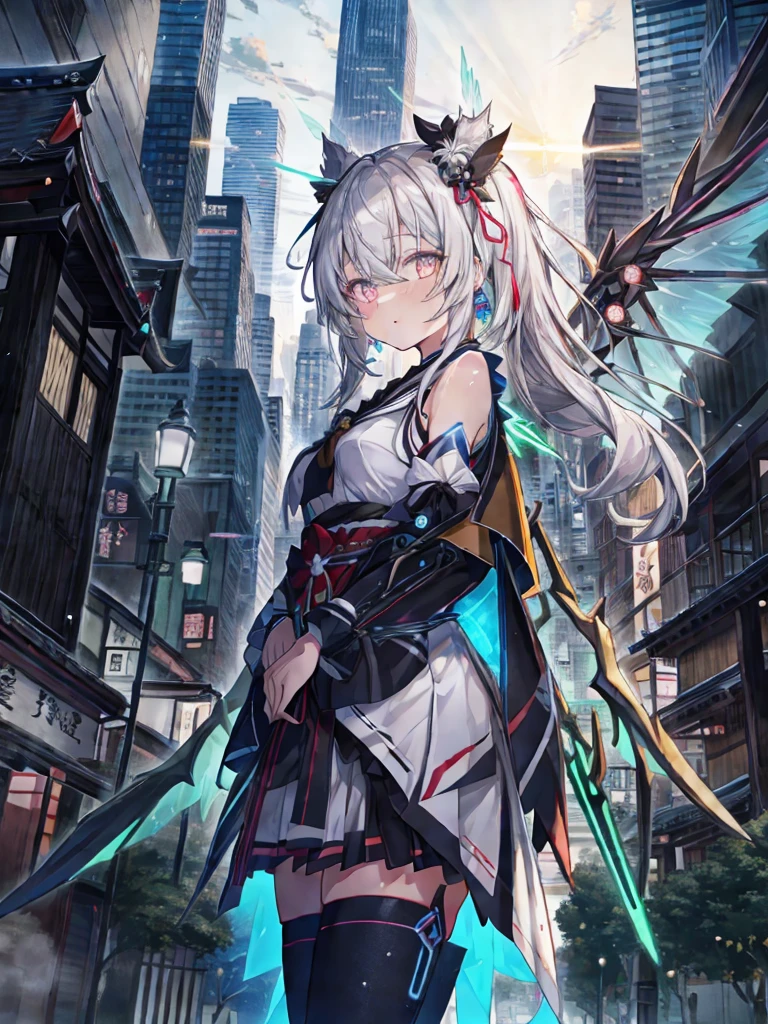 highest quality、very詳細な、masterpiece、Super detailed、enlightenment、((1 girl))、silver hair、hair length、floating hair、、cyber city、neon building、(Upper body:1.05)、very_get used to it_eye_and_face,Cybernetic Wings、random posture、Skyscraper、、Mechumusume、shrine maiden costume,Maid clothes、random angle、anime style,cowboy shot