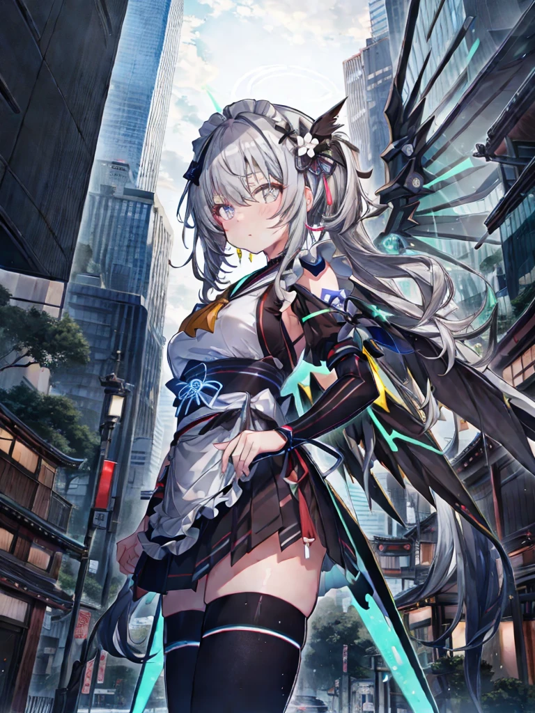 highest quality、very詳細な、masterpiece、Super detailed、enlightenment、((1 girl))、silver hair、hair length、floating hair、、cyber city、neon building、(Upper body:1.05)、very_get used to it_eye_and_face,Cybernetic Wings、random posture、Skyscraper、、Mechumusume、shrine maiden costume,Maid clothes、random angle、anime style,cowboy shot