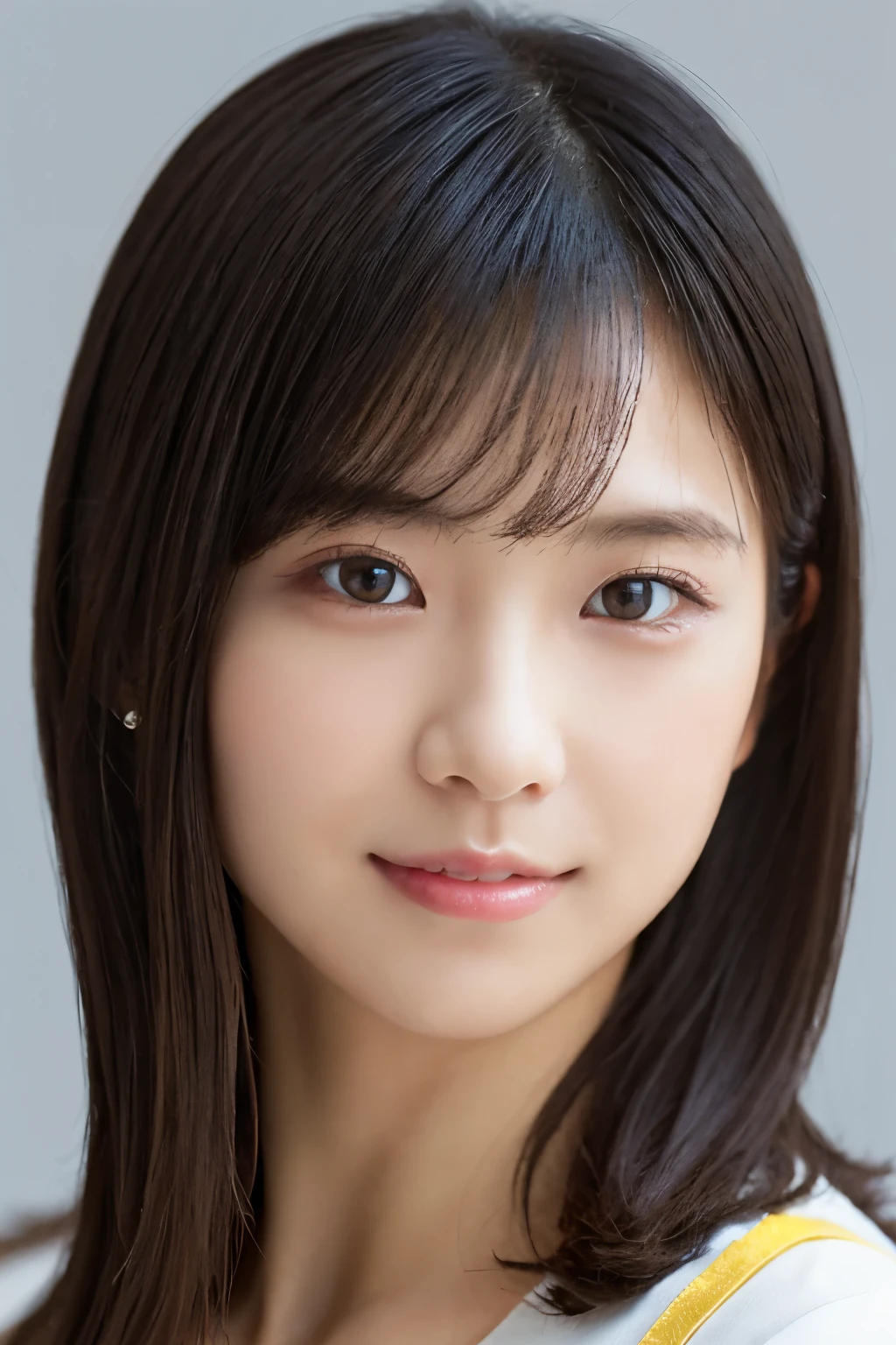 1 girl, (Wearing a white idol costume:1.2), Very beautiful Japanese idol portraits, 
(Raw photo, highest quality), (realistic, Photoreal:1.4), (masterpiece), 
very delicate and beautiful, very detailed, 2k wallpaper, wonderful, finely, very detailed CG Unity 8K 壁紙, Super detailed, High resolution, soft light, 
beautiful detailed girl, very detailed目と顔, beautifully detailed nose, finelyて美しい目, cinematic lighting, 
(Simple background in bright colors:1.3),
(short hair), (parted bangs), 
complete anatomy, slender body, small breasts, smile