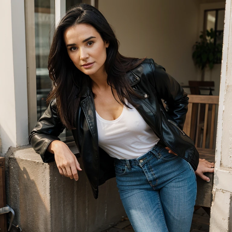 Demi Moore dressed in a leather jacket and colored jeans