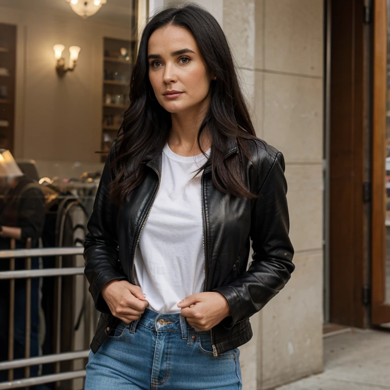 Demi Moore dressed in a leather jacket and colored jeans