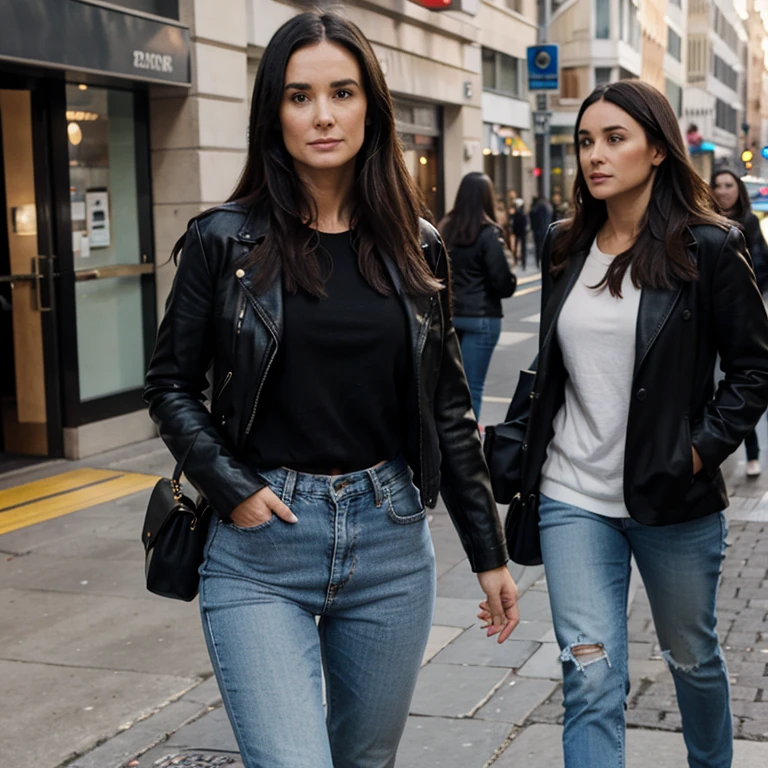 Demi Moore dressed in a leather jacket and colored jeans
