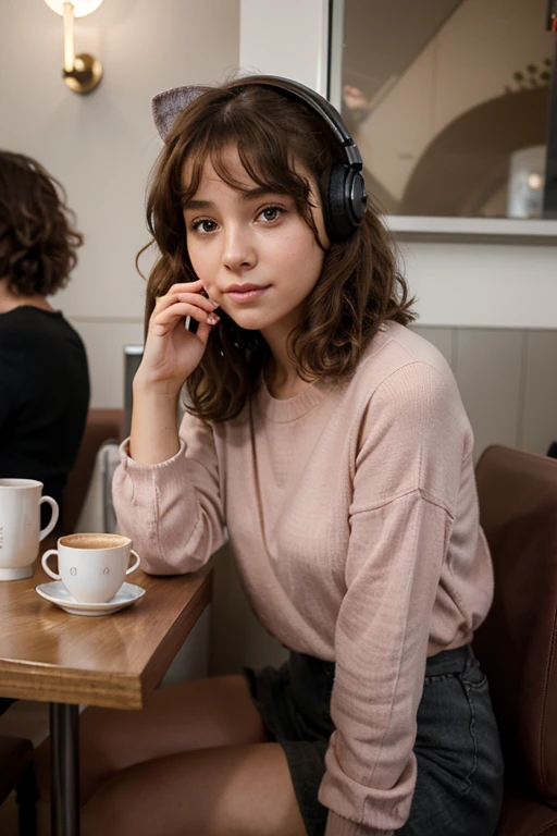 Une fille au visage rond, curly brown and bob hair. C'est une geek. Elle a un casque rose avec des oreilles de chat autour du cou. She is in a cafe, assise à une table en train de travailler sur son ordinateur.