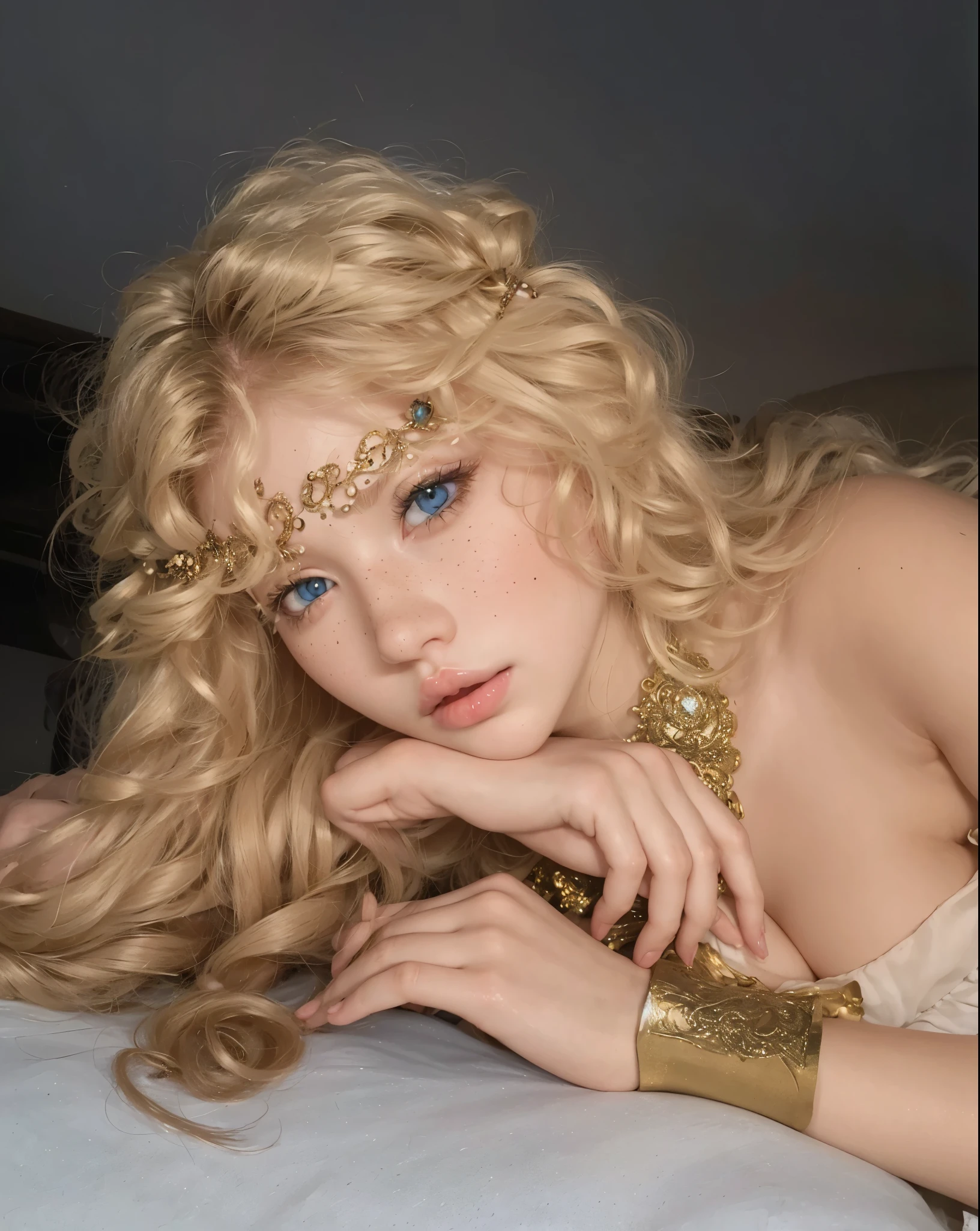 Beautiful woman, with doll-like beauty and angelic beauty, beautiful strands of curly, blonde, curly hair, big eyes, pale skin, blue eyes, large reddish freckles, doll-like mouthaegyo cute sal, doll beauty, round eyes,