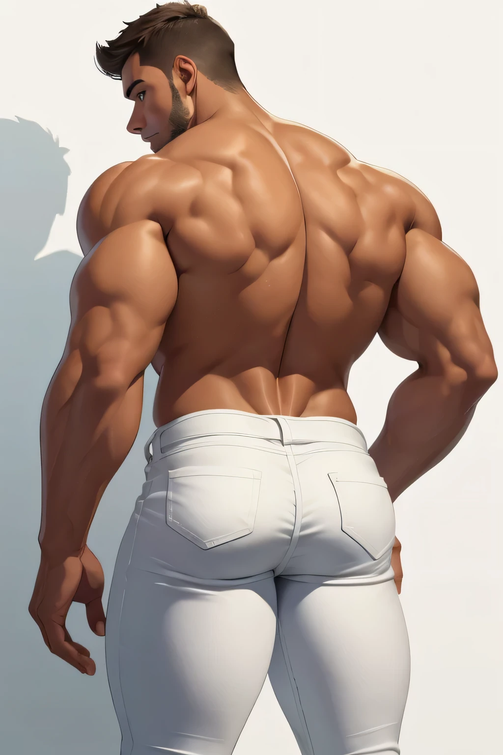 Handsome, head looking back,fit body,shirtless,muscular back,tan skin,muscular arms,back view,big hands,half body,white jeans,white background