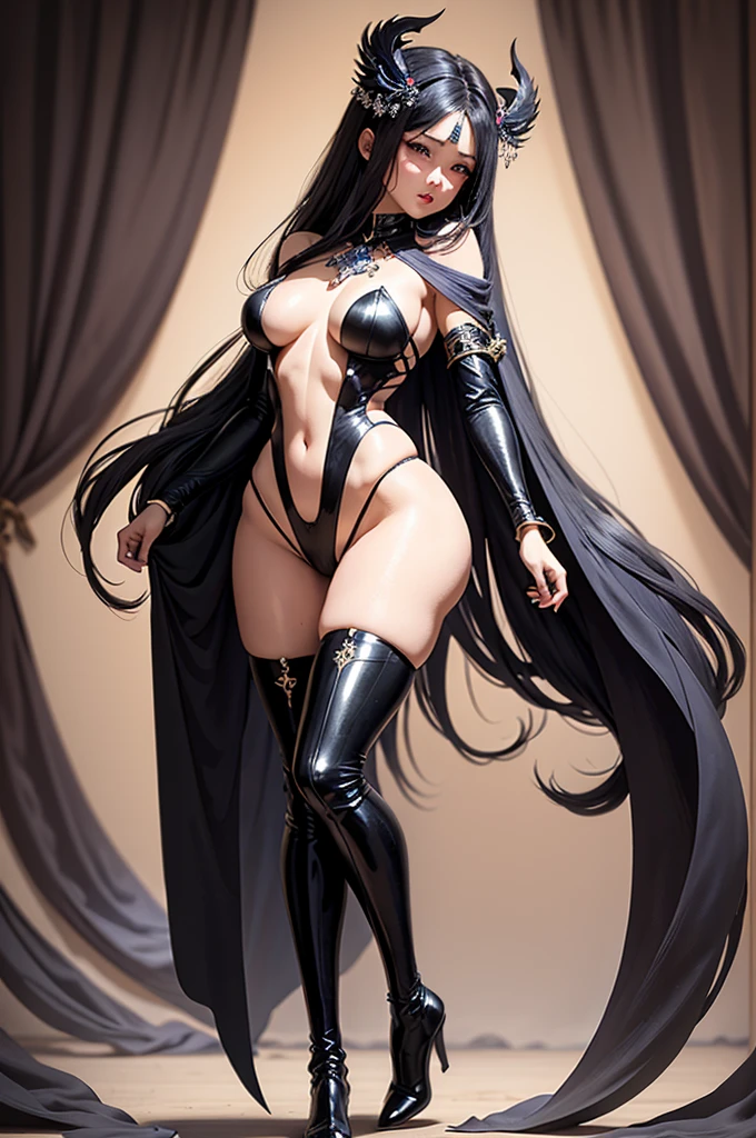 Goddess of Love, Height: 165cm, Weight: 40kg, Long, fluffy black hair and delicate features, Wearing flashy makeup. She is slender, . She has a beautiful figure. Her eyes are slightly narrowed, From front to toe. she is , No upper or lower body clothing or underwear, like a devil, Wearing thigh-high boots. dark. artistic and high resolution. ,