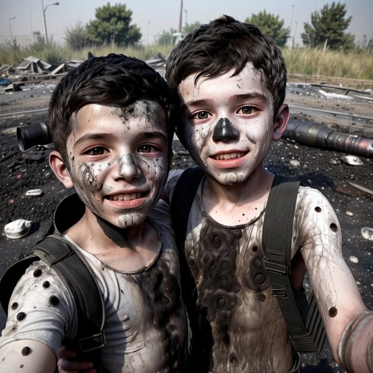 Two boys taking a selfie, covered in soot and in tatters after a rocket launcher explosion