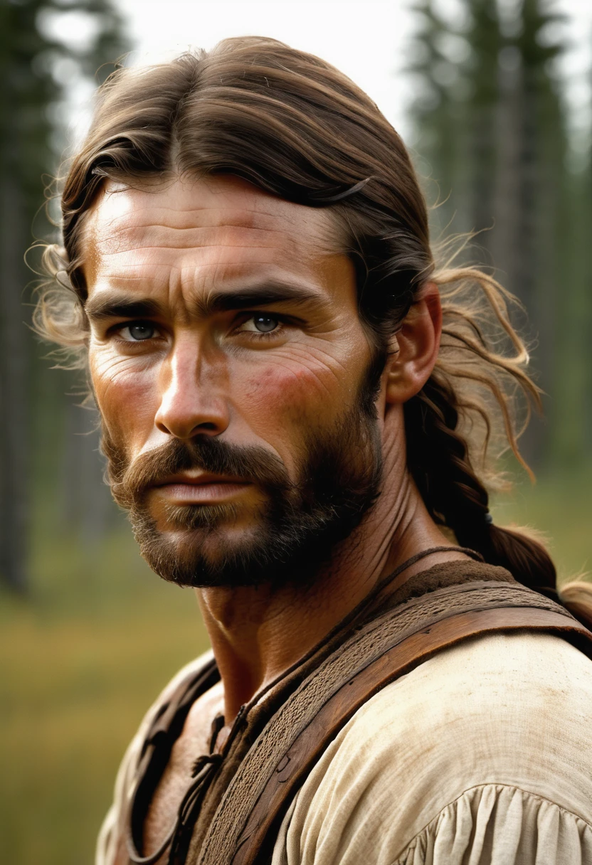 (highly detailed, soft light, detailed face, detailed skin, detailed eyes, photorealistic, dynamic light; cinematic); 1820s Canada; 35 years old man; German-Native American; 1820s fur hunter; leadership figure; natural dark-blue eyes; strikingly handsome; confident and intensely alluring; wild man aesthetic; defined cheekbones; defined strong jawline; longer chin; handsome face; strapping; tough but romantically interested expression; masculine face with several scars; charismatic; grizzled; sensual; strong aristocratic nose; manly passionate air; very attractive; burly broad stature; broad strong shoulders; ruddy weathered skin; long stubble beard; natural dark-blue eyes; thick strong chestnut-brown eyebrows; carefully-shaped 1820s sideburns; 1820's farming clothes; tousled chestnut-brown hair in 1820's style; full firm masculine lips; 1820's Red River Settlement with boreal forest in background; natural dark-blue eyes; looking at camera