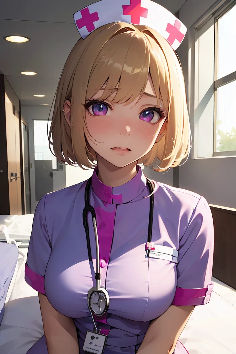 masterpiece, absurdres, best quality, ultra detailed, high Resolution, detailed illustration, bright colour, (extremely beautiful detailed face and eyes, Delicate beautiful face, 1 girl, cute face:1.3), (magenta eyes:1.1), sparkling eyes, big eyes, medium breasts, (perky breasts:1.1), (pointy breasts:1.1), medium hips, glamorous body, white skin, BREAK, long bob cut, (blonde hair:0.8), messy hair, detailed hair, shiny hair, BREAK (undressed, nurse:1.5), (hospital, SEX:1.3), perfect lighting, (embarrassed:1.5), (ecstasy, vulgarity:1.5), (trembling:0.8),