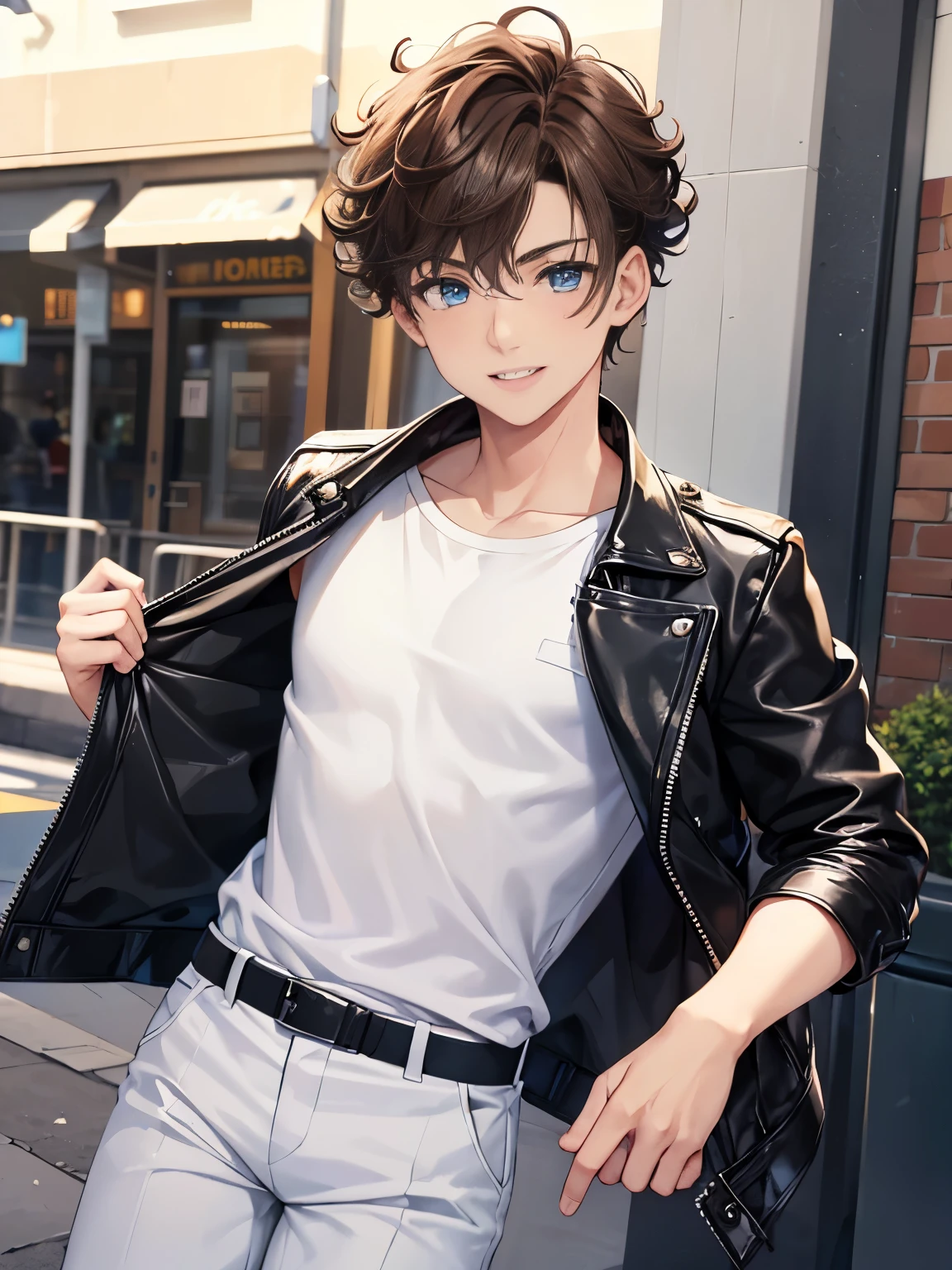 1boy,guy,Run, smile,blue eyes,half body photo,18 years old,Curly hair,medium hair,undercut hairstyle,light brown hair,black jacket,Leather jacket,white t-shirt,white trousers,morning,ultra detail,masterpiece