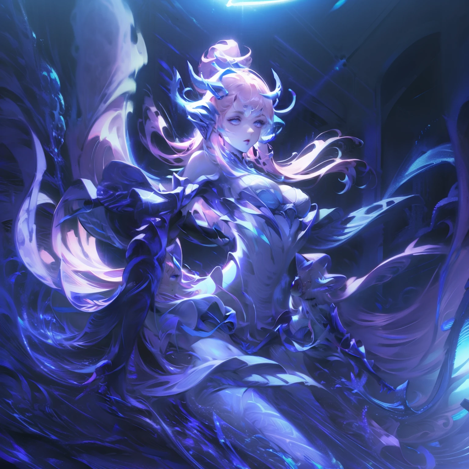 (masterpiece:1.2), best quality, High resolution, unified 8k wallpaper, (illustration:1.0), Beautiful detailed, Very detailed, perfect lighting, Very detailed CG,luminescent eyes,backlight, , armor, Forged_horn, luminescent, full_armor,War Armor,humanoid_,horn,helmet,mask,sample_background,arms, monster, blue_armor,, looking at the audience,alone,view,
