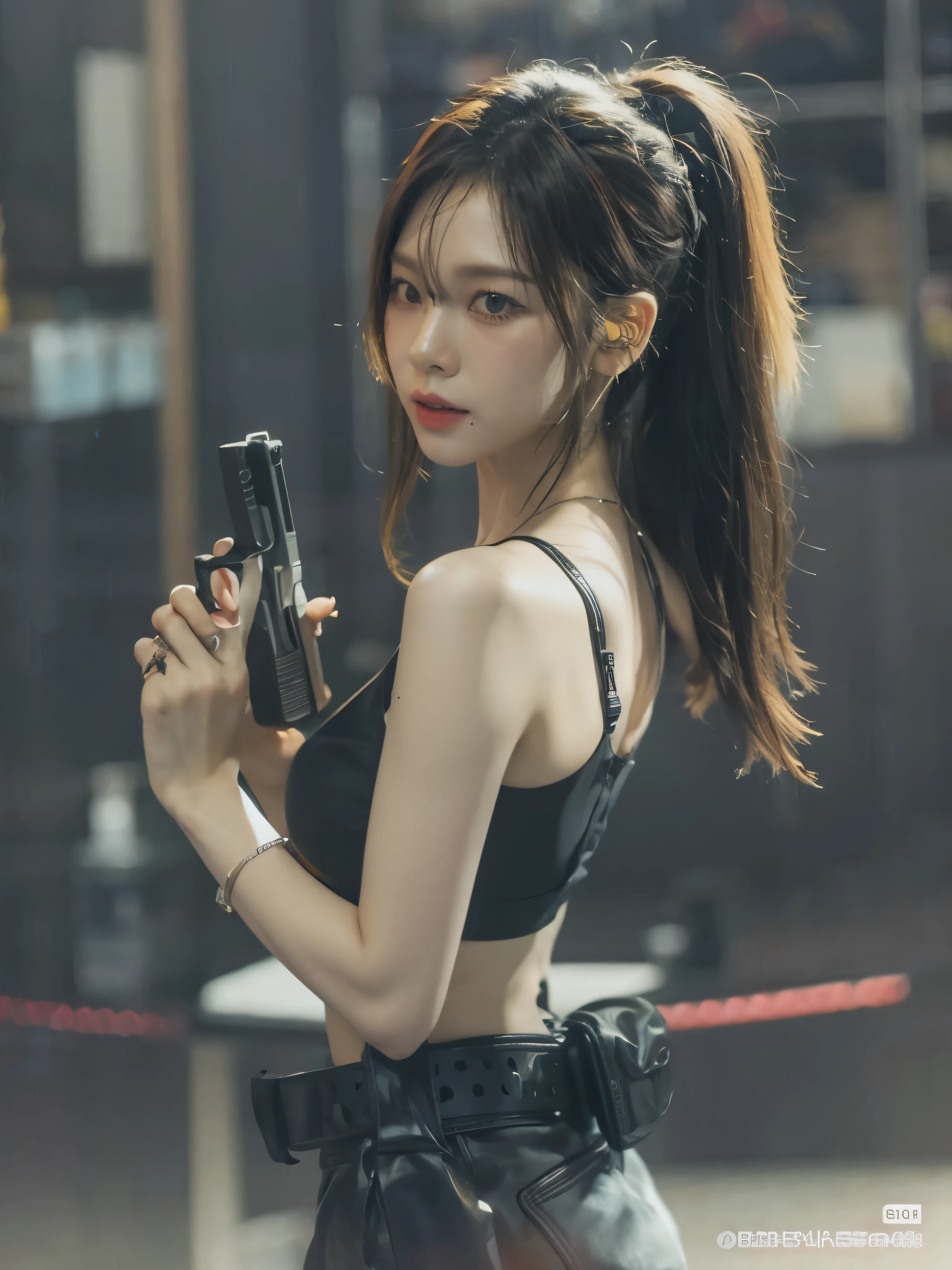 araffe asian woman in a black bra top holding a cell phone, with pistol, shooting pose, with rifle, by Yang J, dilraba dilmurat, sexy style, ig model | artgerm, korean girl, with a gun, cyberpunk 2 0 y. o model girl, yakuza slim girl, cyberpunk girl, an edgy teen assassin