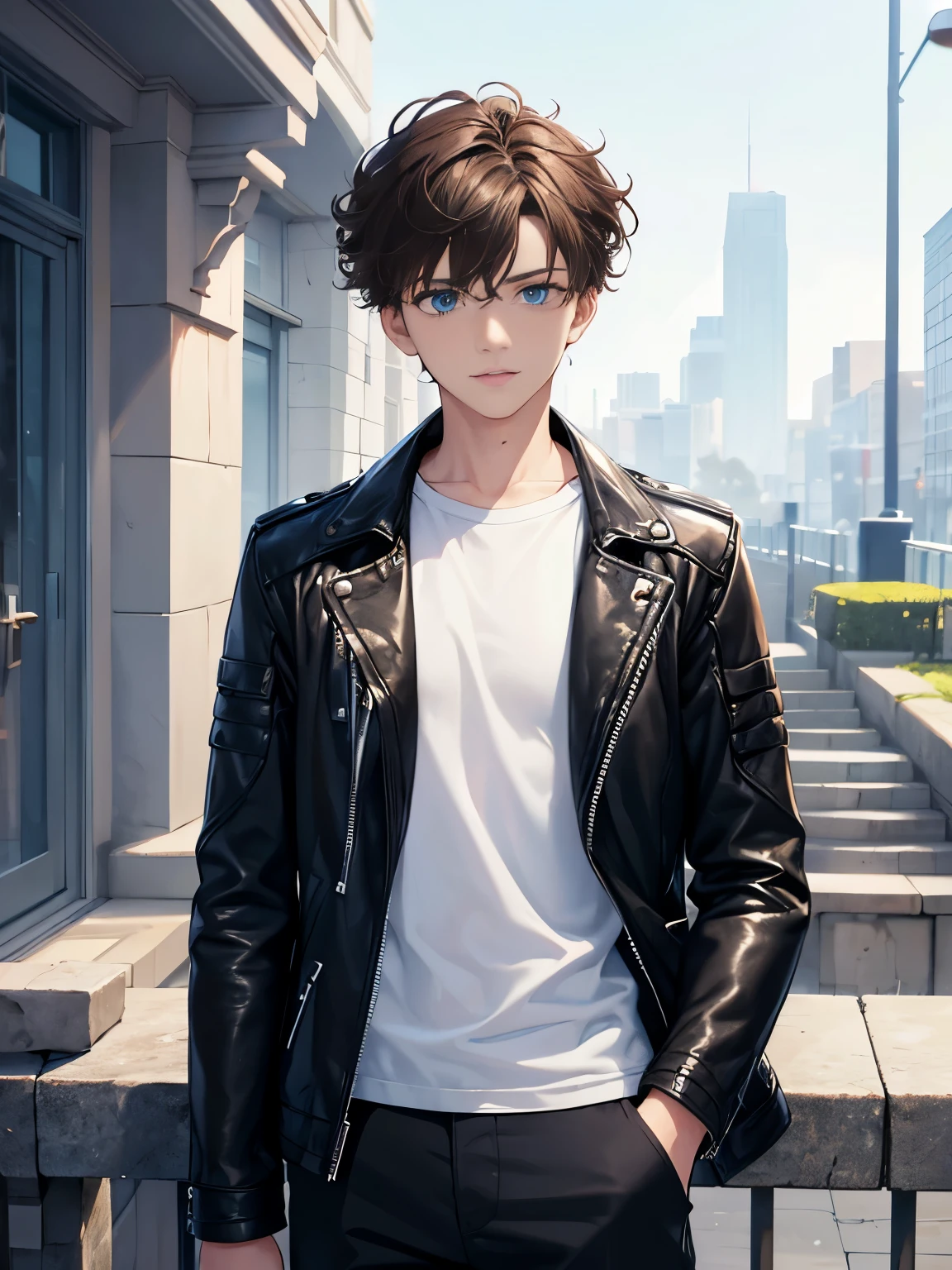 1boy,guy,standing,Facing left, camera angle from the side, teeth visible, looking away, looking away,blue eyes,half body photo,18 years old,Curly hair,medium hair,undercut hairstyle,light brown hair,black jacket,Leather jacket,white t-shirt,white trousers,morning,ultra detail,masterpiece