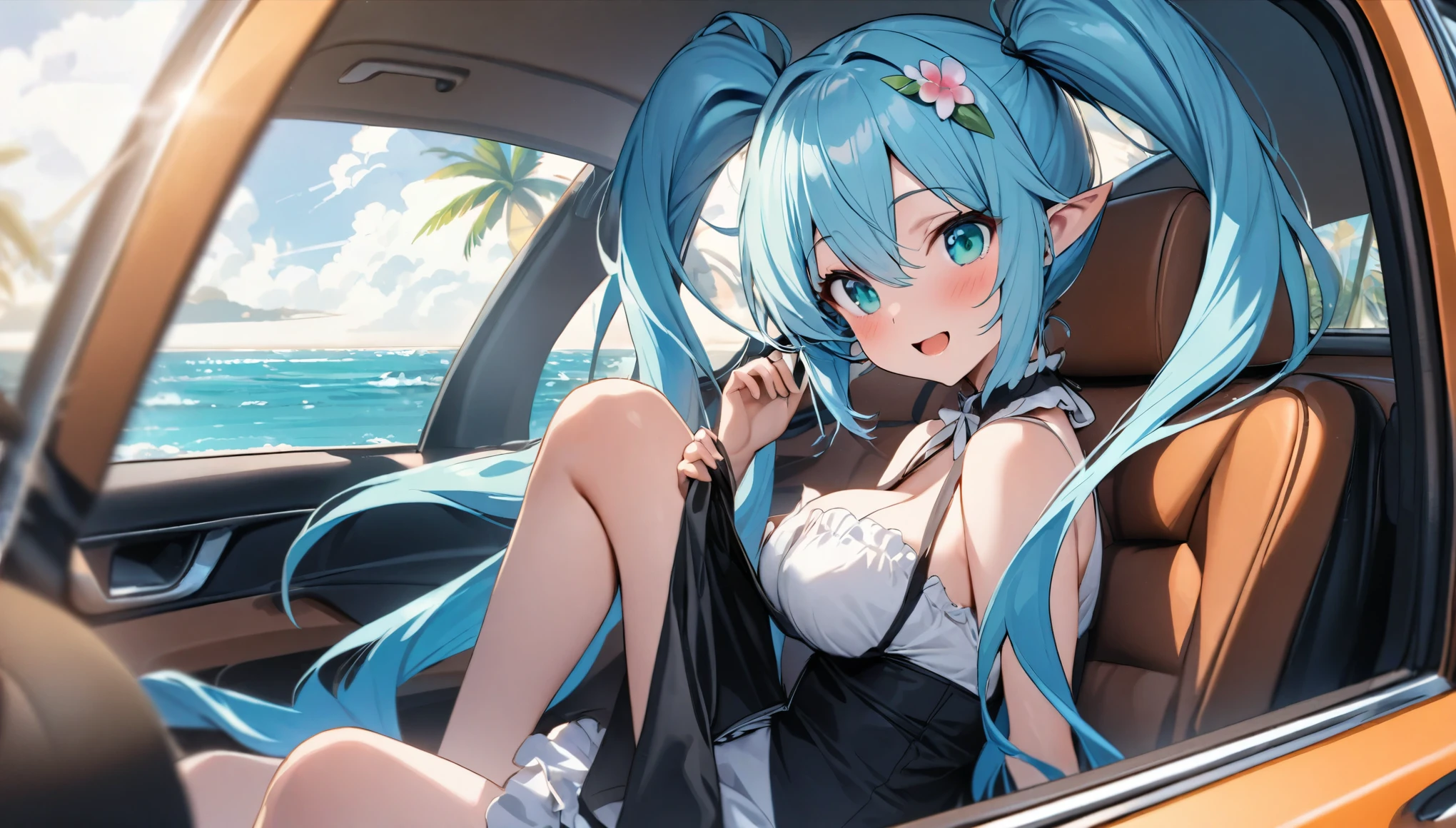  (masterpiece, best quality), 1 elven girl, ( bear breasts, thigh),  (light blue hair, twin tails ,very long hair is fluttering in the wind), hair between eyes, multi colored hair,hair flower ornament ,(blush, smile, aqua eyes), open mouth, maid uniform,    
 ((((undone clothing)))),  (Open the front of the maid uniform chest very wide), large breasts, pointed ears, look from the side , (Cruising the highway in a car ) , (color of the car is white), ( the car has 2 seats), (the car has no roof), (passenger seat is left side in the car), (seating in the left seat in the car),  Palm trees line the shoreline 