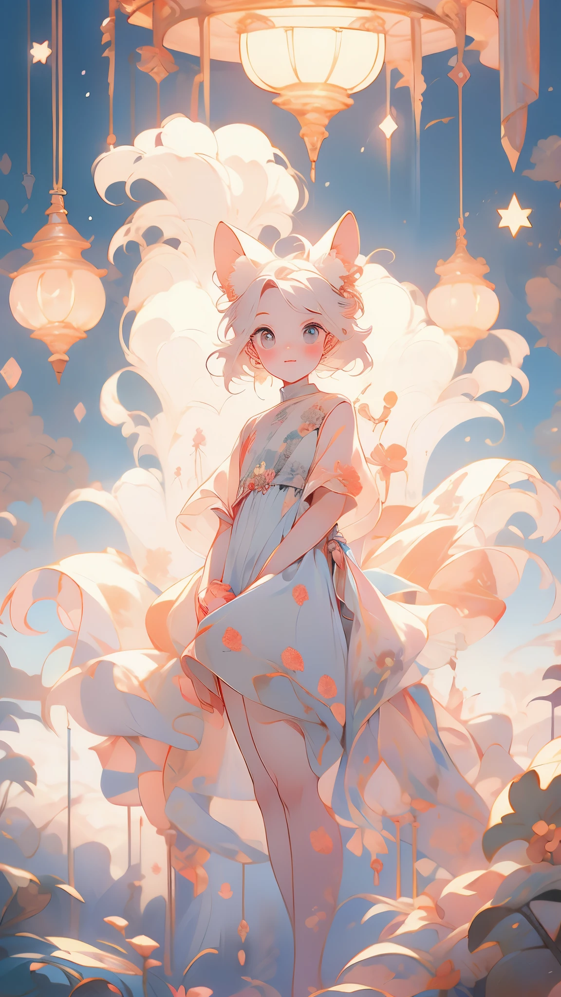 (best quality,4K,8K,High resolution,masterpiece:1.2), The girl in the clouds has hair as fluffy as clouds,bird overhead，soft sweater，tiny stars, fantasy illustration, dream color, Children&#39;s illustration style.bright colors