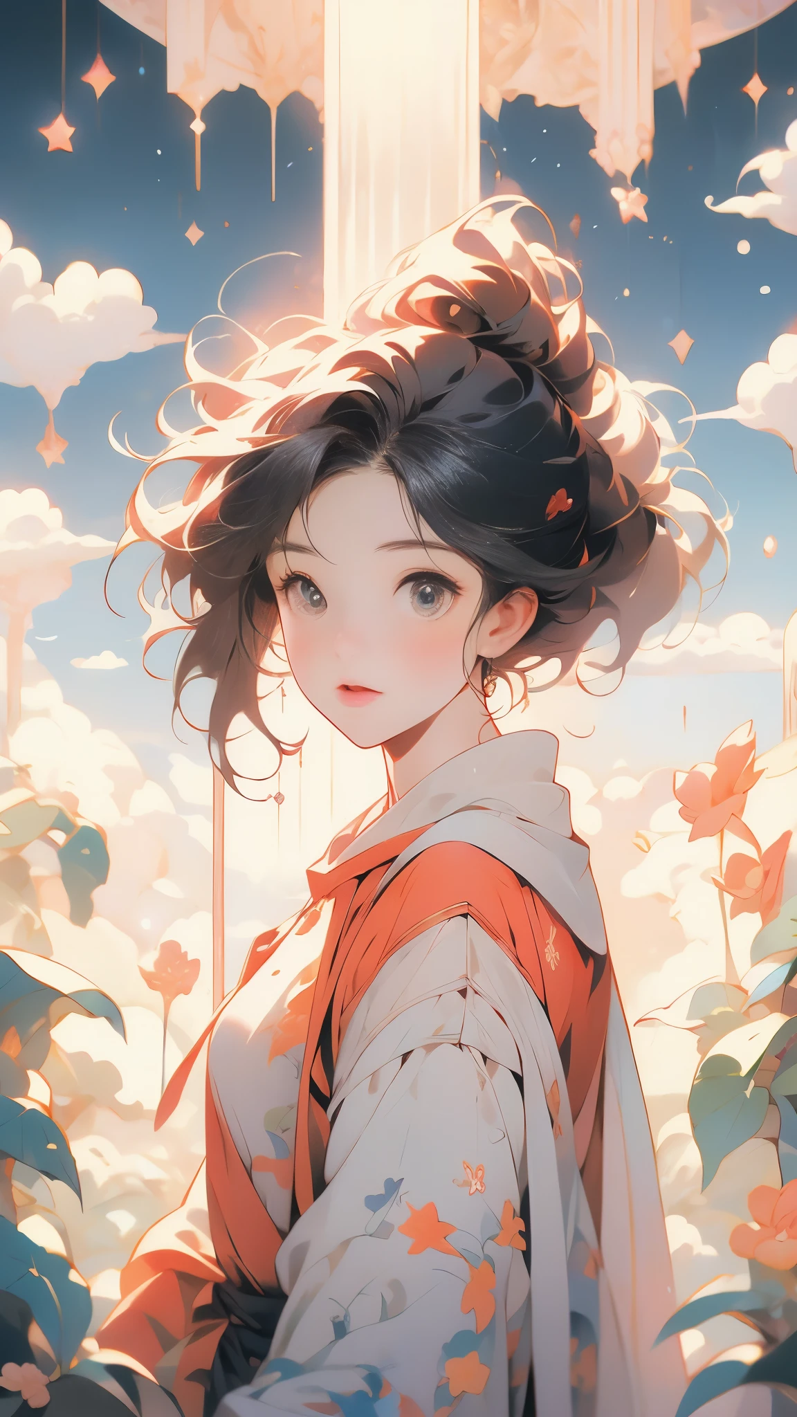(best quality,4K,8K,High resolution,masterpiece:1.2), The girl in the clouds has hair as fluffy as clouds,bird overhead，soft sweater，tiny stars, fantasy illustration, dream color, Children&#39;s illustration style.bright colors