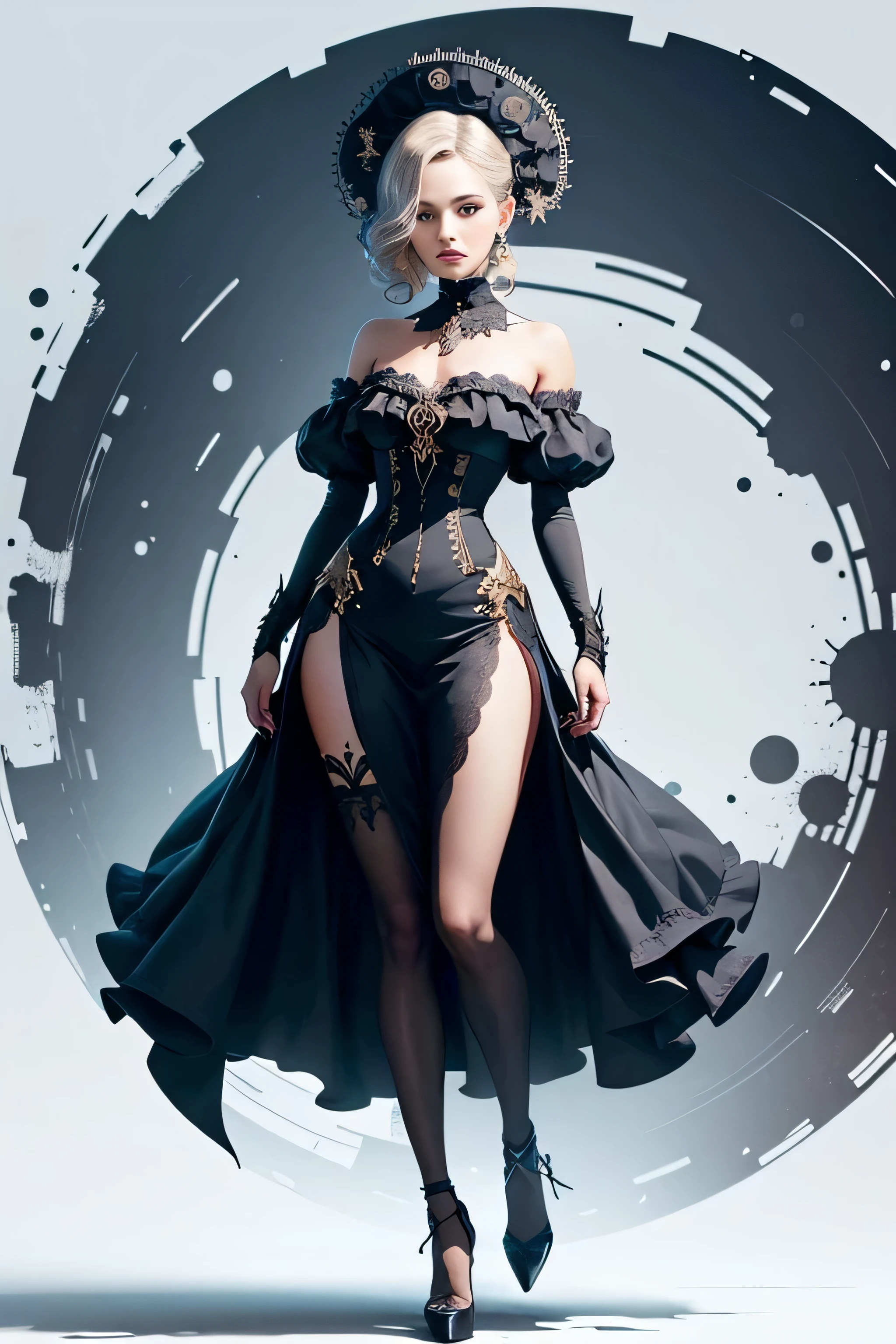 Create an extravagant full-body portrayal of a woman in Gothic style, emphasizing the "woman" theme. The design should feature Gothic elements such as lace, ribbons, and Victorian details, showcasing an elegant and intricate style. Utilize a color palette of black, white, and pastel tones to capture the unique Gothic aesthetic. The design must be eye-catching, with the woman centered in the image against a white background. She should fit well within the space, ensuring she does not touch the edges of the canvas. No text should be included in the image.