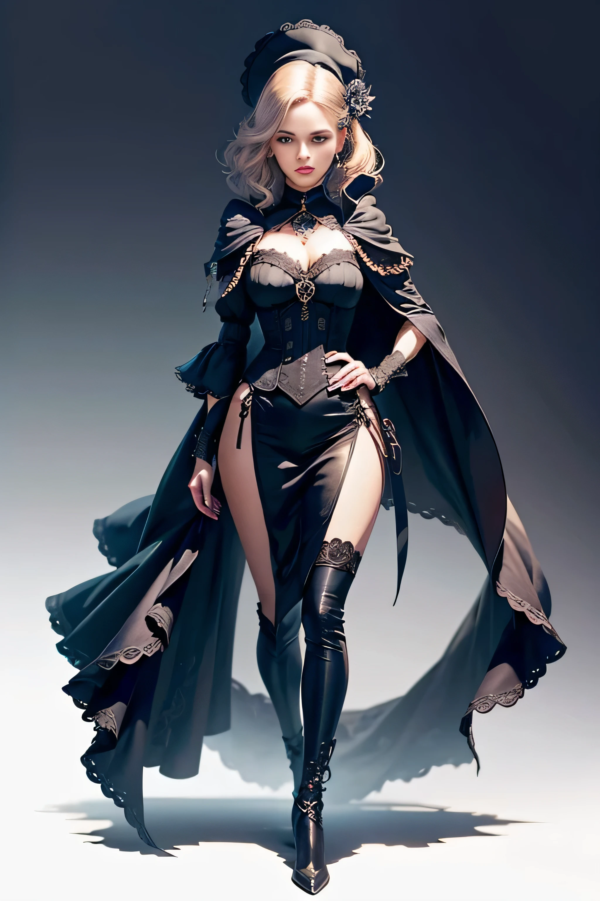 Create an extravagant full-body portrayal of a woman in Gothic style, emphasizing the "woman" theme. The design should feature Gothic elements such as lace, ribbons, and Victorian details, showcasing an elegant and intricate style. Utilize a color palette of black, white, and pastel tones to capture the unique Gothic aesthetic. The design must be eye-catching, with the woman centered in the image against a white background. She should fit well within the space, ensuring she does not touch the edges of the canvas. No text should be included in the image.