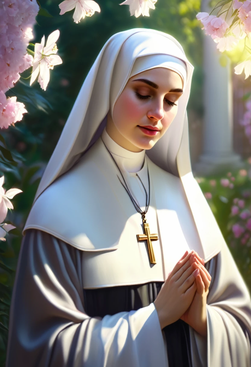 1girl, nun, dark robes, holy cross, serene expression, peaceful garden, soft sunlight, quiet atmosphere, sacred surroundings, (best quality, 4k, 8k, highres, masterpiece:1.2), ultra-detailed, painting-like, soft pastel colors, gentle lighting, aesthetic