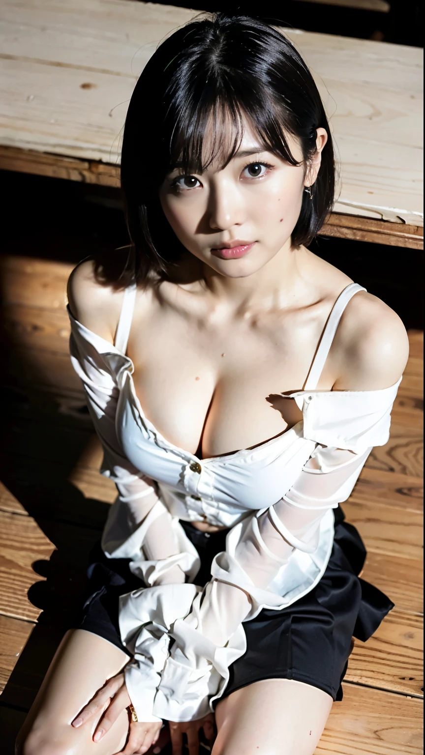 (highest quality, 8K, 32k, masterpiece, UHD:1.2),beautiful japanese women pictures, 18 ～ Random age over 35,cleavage、medium meat、sexy thighs、,(black,short hair:1.2),In front of the bookshelves in the library,(Open white shirt in front:1.3),belly button、cleavage、nipple、chest、no skirt,off shoulder,(shot from above:1.4),looking at the viewer,floor to sit on,(drooling:1.5),blush,(close:1.2),half open mouth、,detailed face,Reaching down towards the camera:2.0、