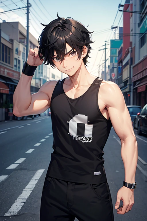 protagonist, boy,perverted, friendly, serious, shy, black hair, black eyes, discreet smile, , black tank top, black pants, wristband, medium hair, strong personalities, intimidating look, affectionate, charismatic , anime, 3D, Ultrarealistic.