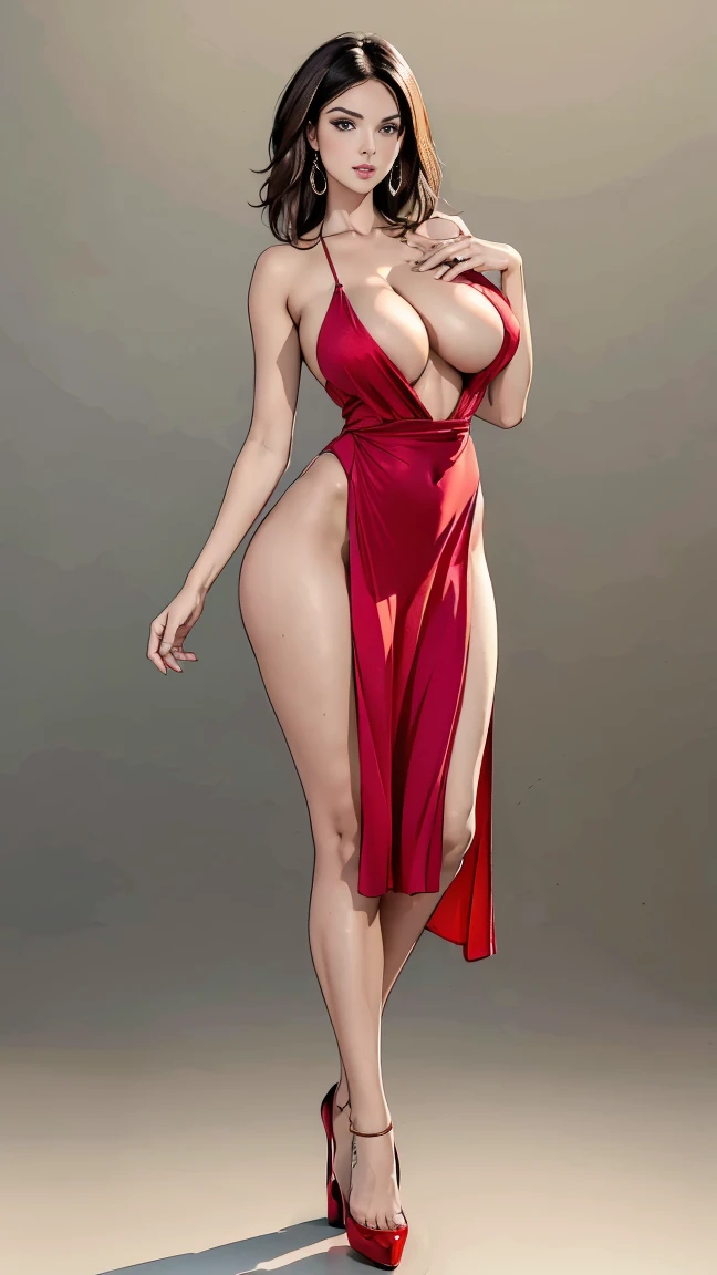((best quality,4k,highres,masterpiece:1.2)),((character concept art)), 1 female, Spanish, age 29, (((tan skin color, dark brunette hair))), and the body of a seductive flamenco dancer (busty, slim fit curvaceous body). adding allure, and a high leg slit enhances the overall sensuality of the ensemble.  Her gaze is intense and alluring, reflecting her captivating personality and intriguing background, (standing gracefully), (((full body showcase))), (((show full body))), (no logos on background), (no logo), ((plain background)), ((plain background)), (((empty background))). (extremely naked, nua, pelada))
