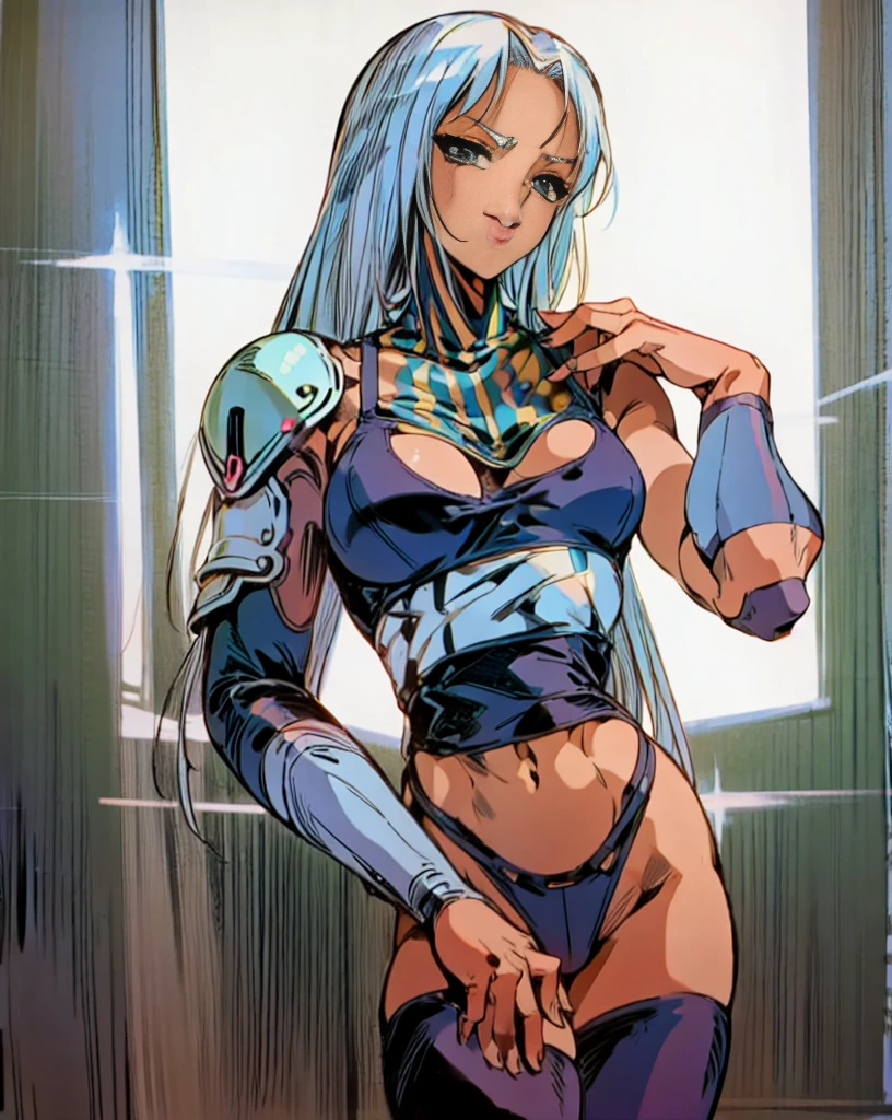 anime manga illustration katopunk 1girl, (leaning forward downblouse), (white hair), instagram katopunk  cleavage, detailed cute mature face,  breasts, perfect anatomy, thigh, navel, athletic shorts, smile,happy, (tank top), (thigh_gap), thick, wide waist,fit,armpits,(leaning forward), (smiling),  in HNKstyle, 80's anime style