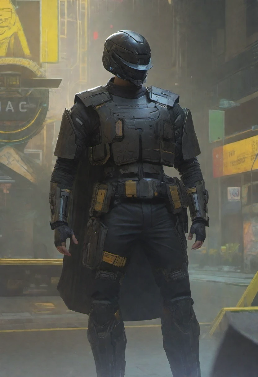 4k, high-res, masterpiece, best quality, Helmet with a tactical armour, Black Cape, Visor, Shoulder pads, Utility belt, Cyberpunk,