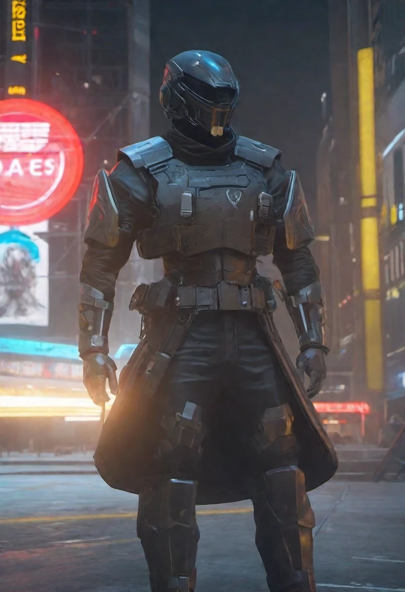 4k, high-res, masterpiece, best quality,  Helmet with a tactical armour, Black Cape, Visor, Shoulder pads, Utility belt, Cyberpunk, 