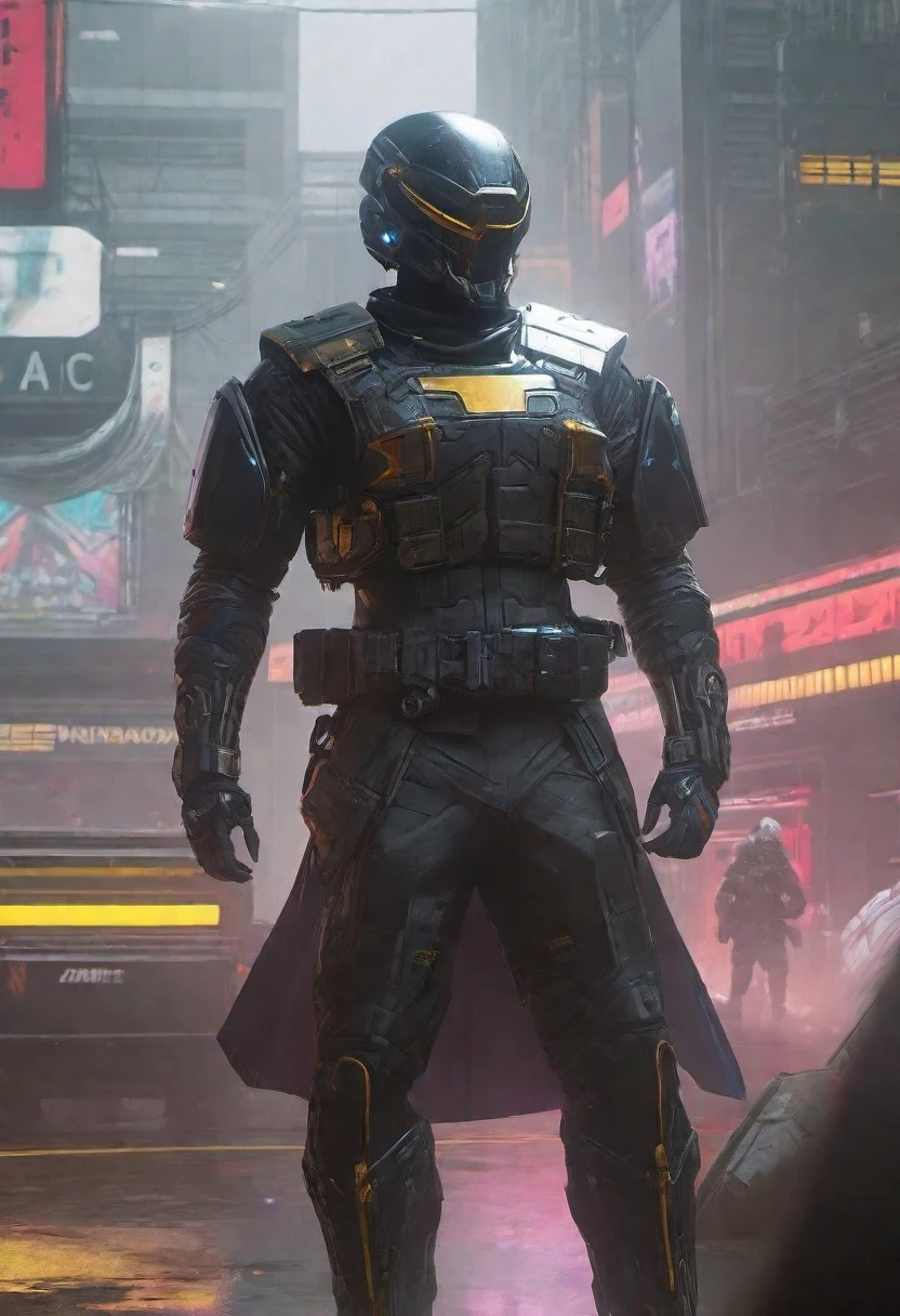 4k, high-res, masterpiece, best quality,  Helmet with a tactical armour, Black Cape, Visor, Shoulder pads, Utility belt, Cyberpunk, 