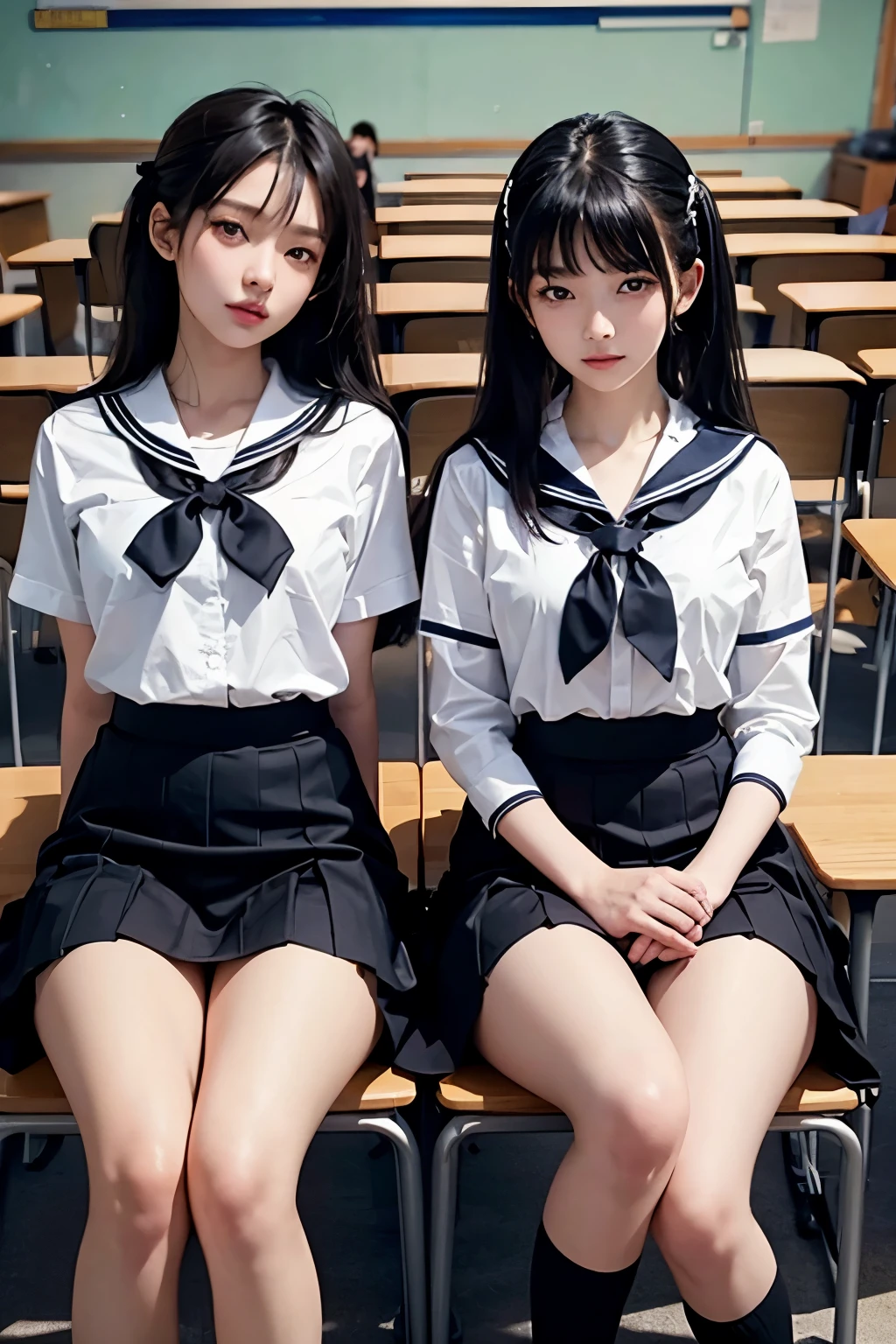 Two beautiful high school girls, sitting in chairs in a classroom with desks between them talking, wearing shiny sailor clothes, long skirts,  black bobbed hair and ponytails, high quality