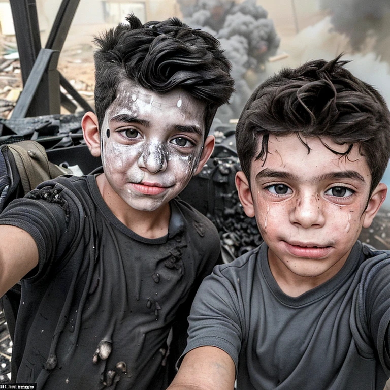 Two boys taking a selfie, covered in soot and in tatters after a rocket launcher explosion