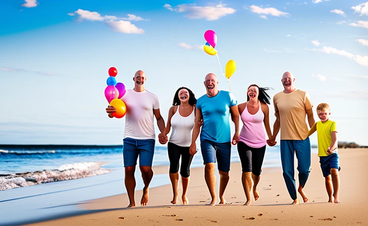 Family of 3 running on the beach with balloons in hand, happy family, people on the beach, sunny day on the beach, sunny sky, photo shoot, istock, best adobe stock, advertising photo, on the beach, shutter, shooting, good morning, (colorful), vacation photos, family, vacation, on the beach, sunny day