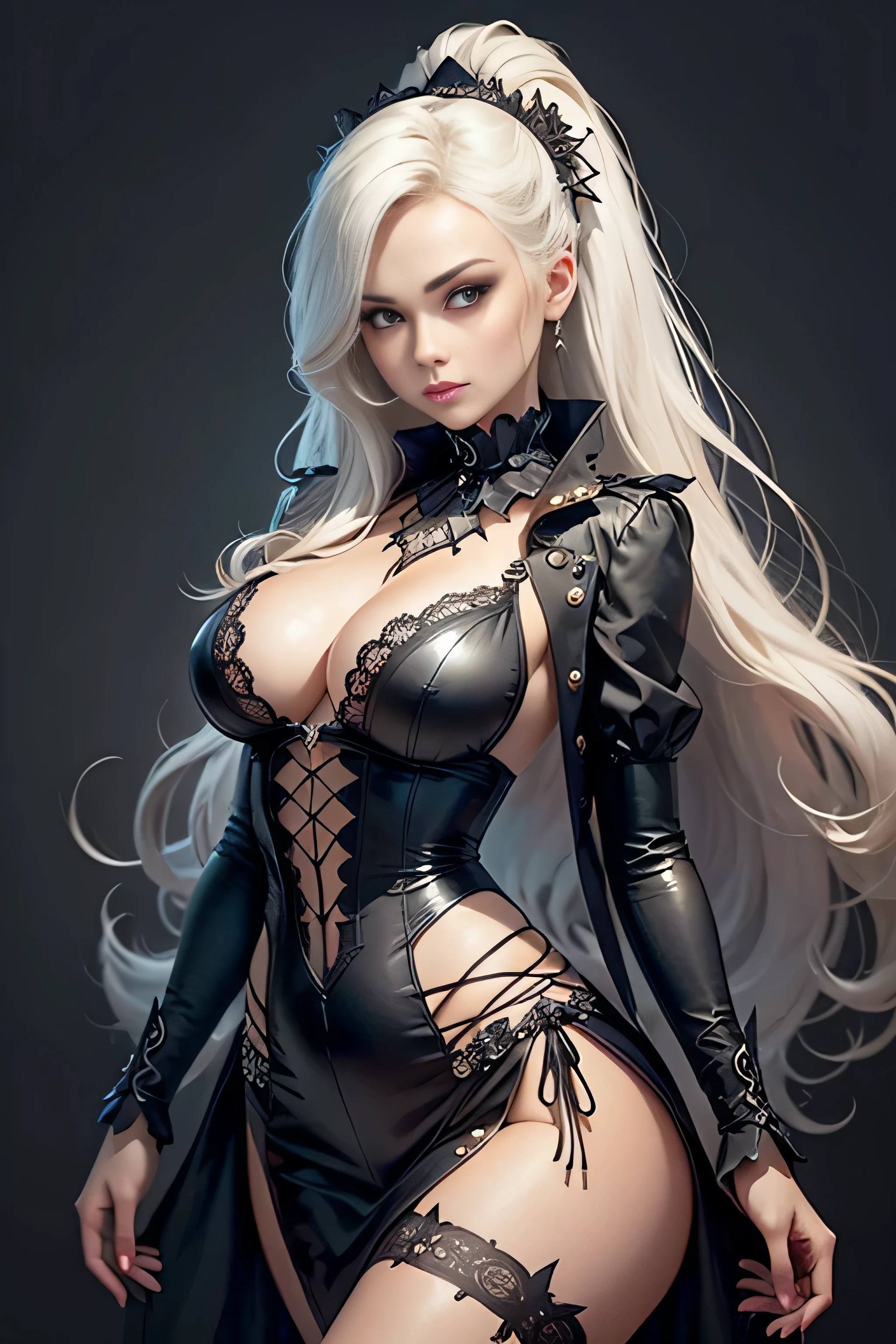 Create an extravagant full-body portrayal of a woman in Gothic style, emphasizing the "woman" theme. The design should feature Gothic elements such as lace, ribbons, and Victorian details, showcasing an elegant and intricate style. Utilize a color palette of black, white, and pastel tones to capture the unique Gothic aesthetic. The design must be eye-catching, with the woman centered in the image against a white background. She should fit well within the space, ensuring she does not touch the edges of the canvas. No text should be included in the image.