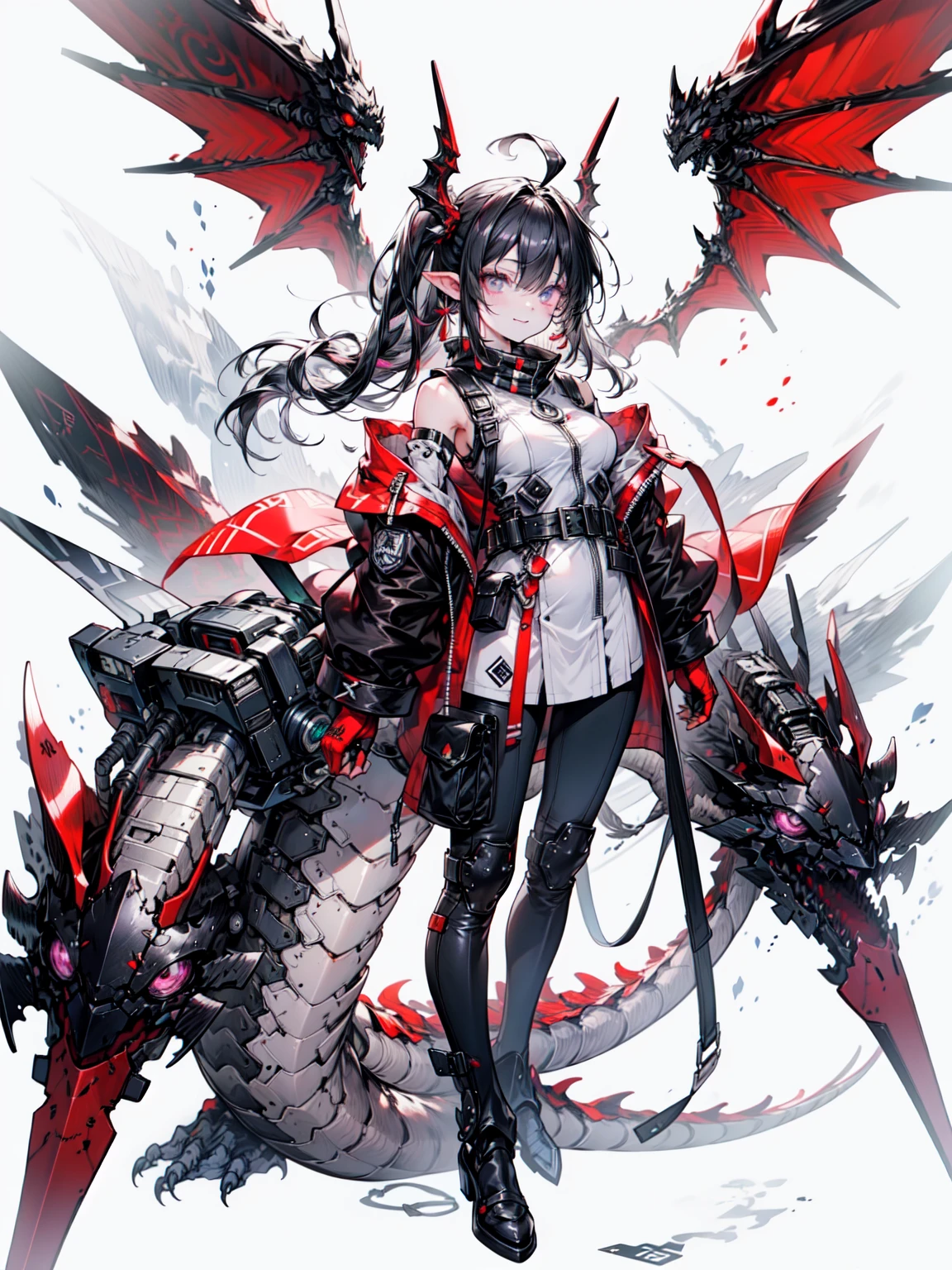 dragon ears, Mecha, mechanical, dragon wings, dragon tail, dragon horn,, ultra get used to it, masterpiece, highest quality, beautiful, get used to it,, alone, smug face, 1 girl, purple eyes, red rim glasses, (black hair, red color tip:1.2), Red striped hair, とてもlong hair, side ponytail, tied hair, medium breasts,, Dataset, shoulderにかけたジャケット, Coat from above&#39;shoulder, red dress, rolled up sleeves, fingerless gloves, holster, belt, multiple belts, combat boots, bulletproof vest, pants, black coat, tactical clothing, Blake、（dark elf), (1 girl), alone, perfect face, それにget used to it, Ahoge, ((long hair:1.2)), (hair above one eye:1.3), [[messy hair]], Shiny blonde white hair, purple eyes, multicolored eyes, colorful hair, shining eyes, (eyelash, eye shadow, pink eye shadow), bright, smile, design art by Mikimoto Haruhiko, by Kawashi, By Yoshitaka Amano