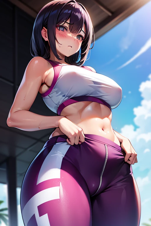 gym, workout, hot, sweating, sweaty, tan, big , tan skin, flustered, blush, purple clothes, see thru, yoga pants, low angle, (from below), looking at viewer, cowboy shot,