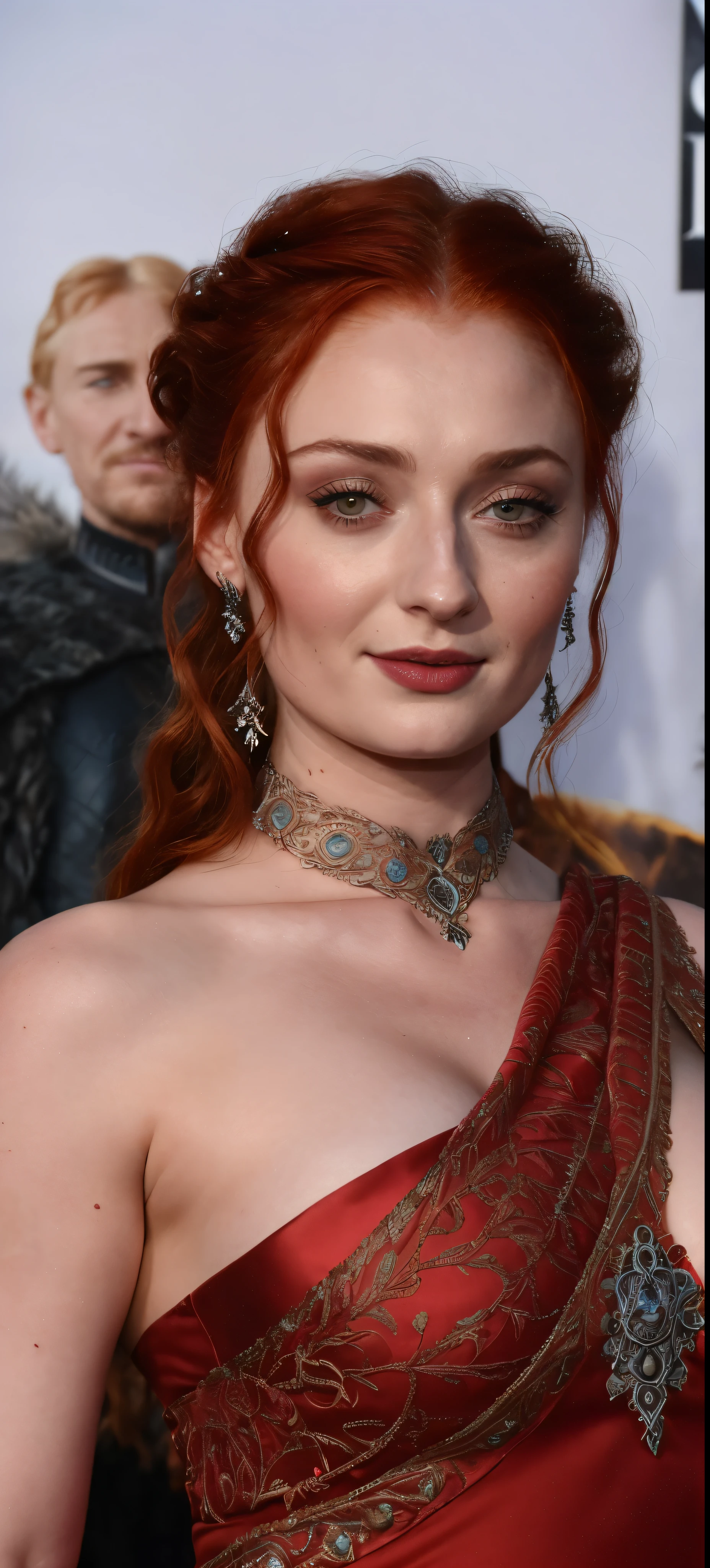 Face of Sophie Turner, Sansa Stark played by Sophie Turner, the de facto Lady of the Eyrie, is a 40-year-old mature queen with a stunning, alluring appearance. Full Face, pierced eyes, reddish lips, upper body shot, erotic Mediaeval costumes, game of thrones costumes, She wears a Game of Thrones-inspired costume and has a deep cleavage, a perfect thick body, and a perfect thick figure. The photograph captures her in a close-up, with her skin texture and facial features being ultra-realistic and realistic.