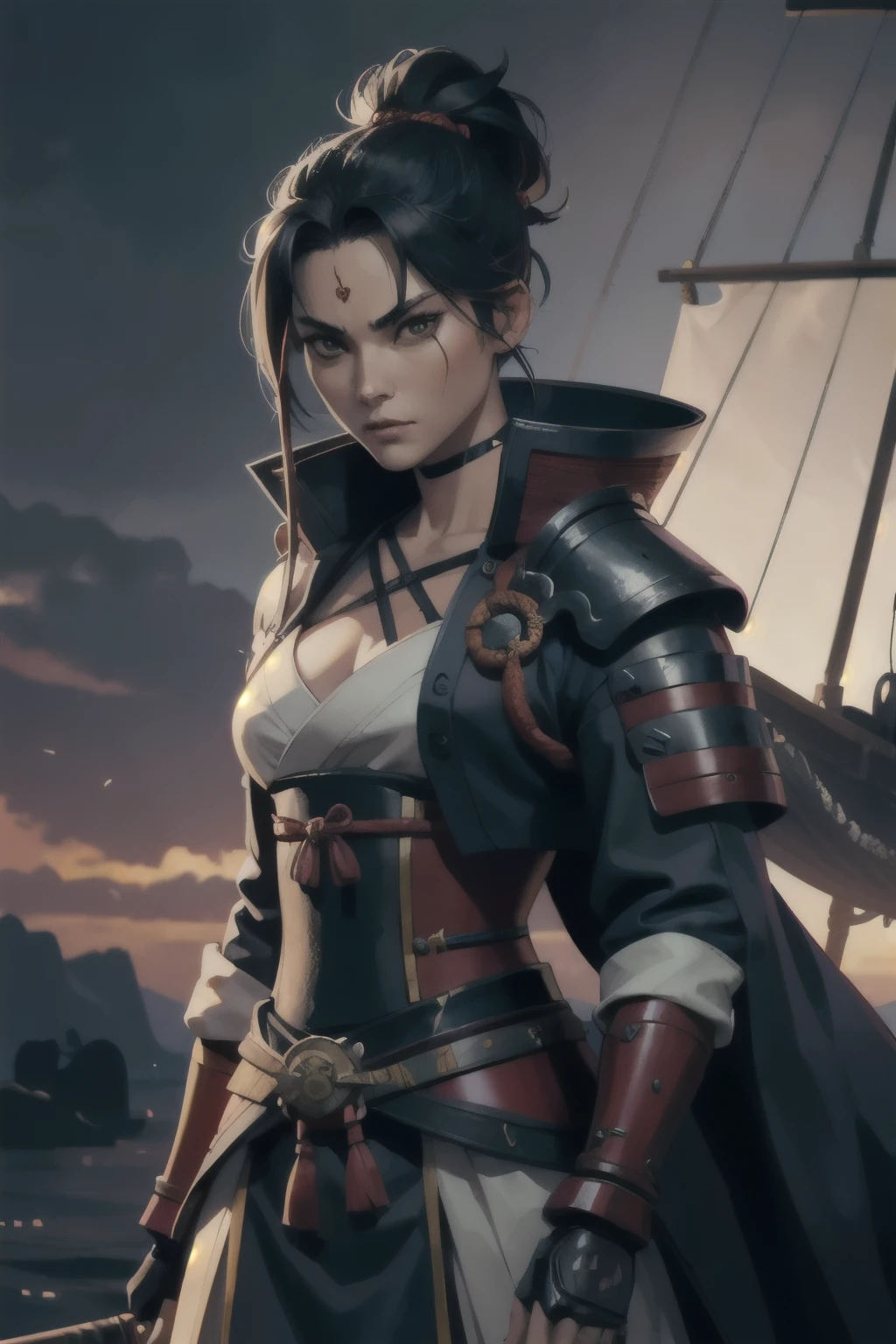 female samurai pirate, pirate ship, detailed armor, intense face, fierce eyes, scar face