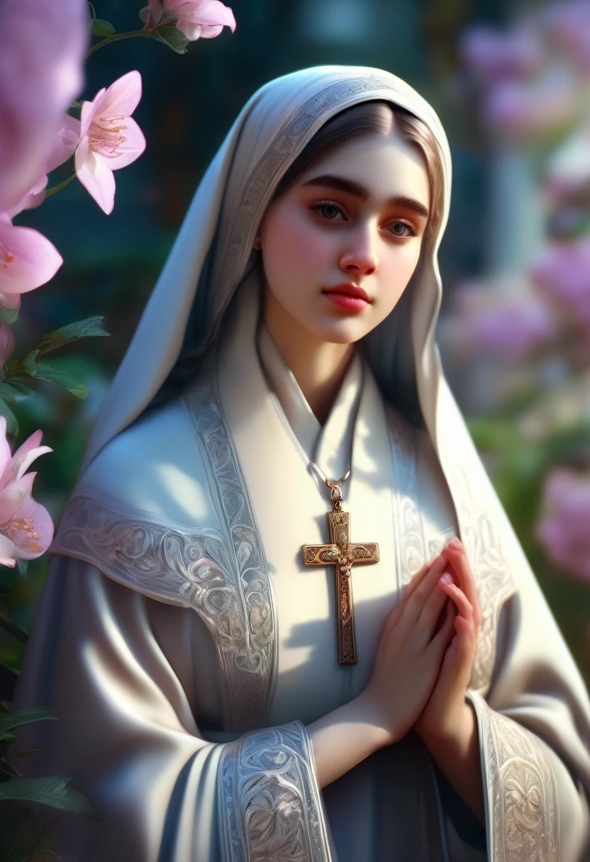 1girl, nun, dark robes, holy cross, serene expression, peaceful garden, soft sunlight, quiet atmosphere, sacred surroundings, (best quality, 4k, 8k, highres, masterpiece:1.2), ultra-detailed, painting-like, soft pastel colors, gentle lighting, aesthetic